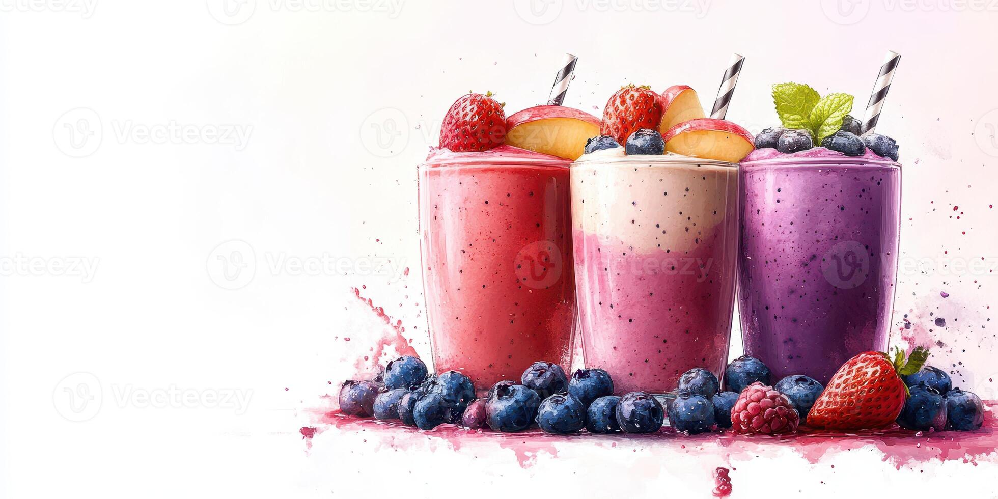 Delicious fruit smoothies served in colorful cups with fresh berries and decorative straws photo