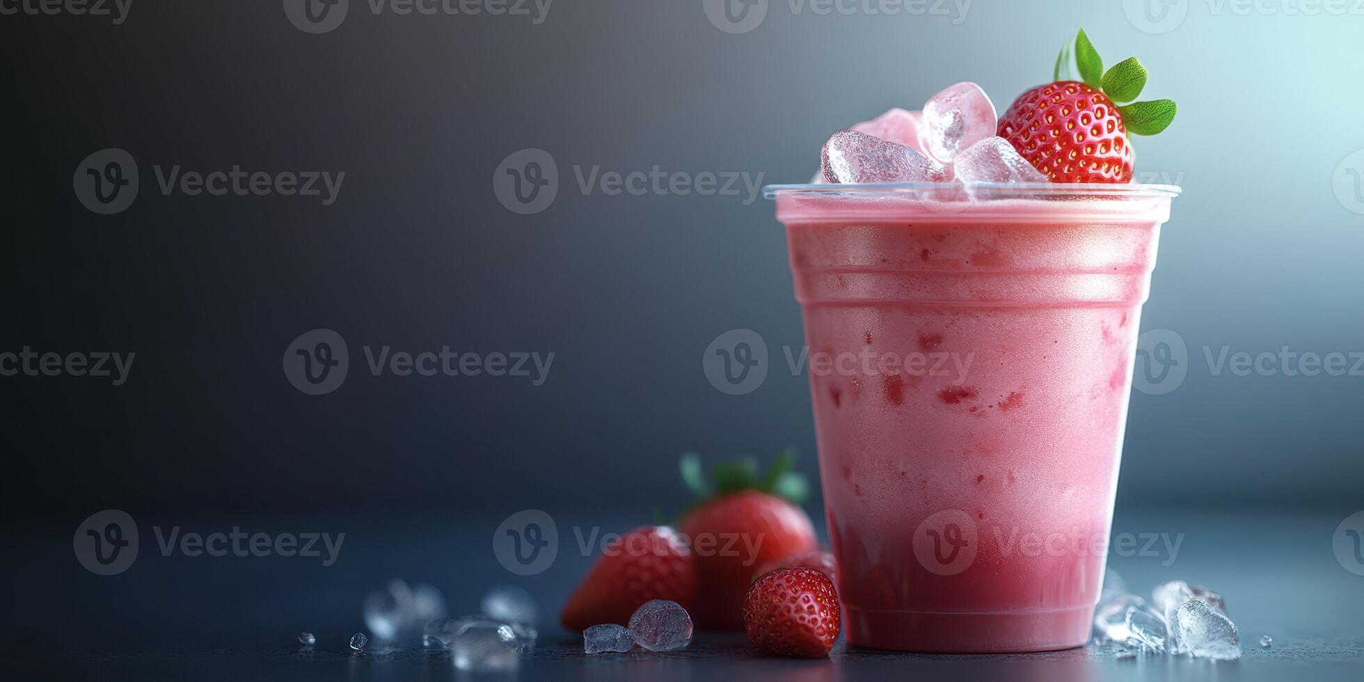 Refreshing strawberry smoothie served in a clear cup with ice and fresh strawberries on a dark surface photo