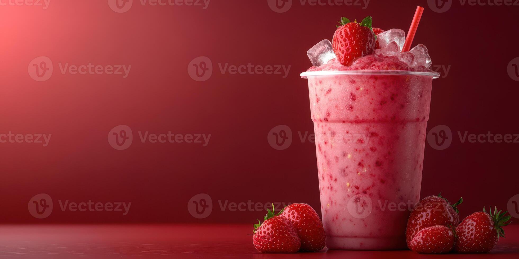 Refreshing strawberry smoothie in a cup with whole strawberries on a red background photo