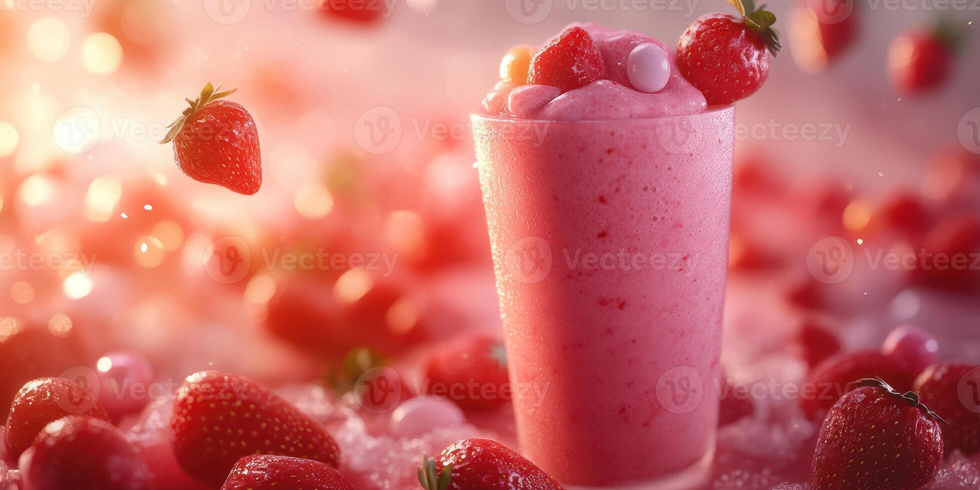 Refreshing strawberry smoothie surrounded by fresh strawberries in a bright setting photo
