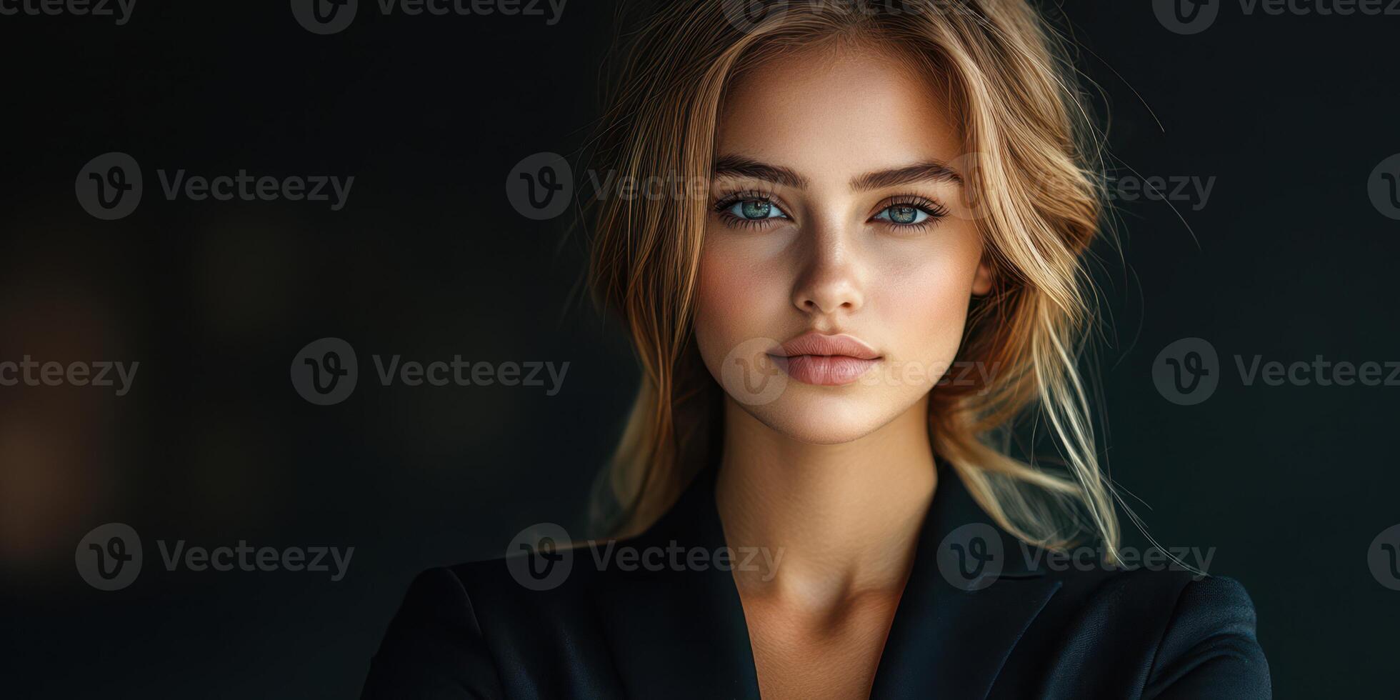 Young woman with captivating gaze poses elegantly in a dark setting, showcasing natural beauty and confidence photo