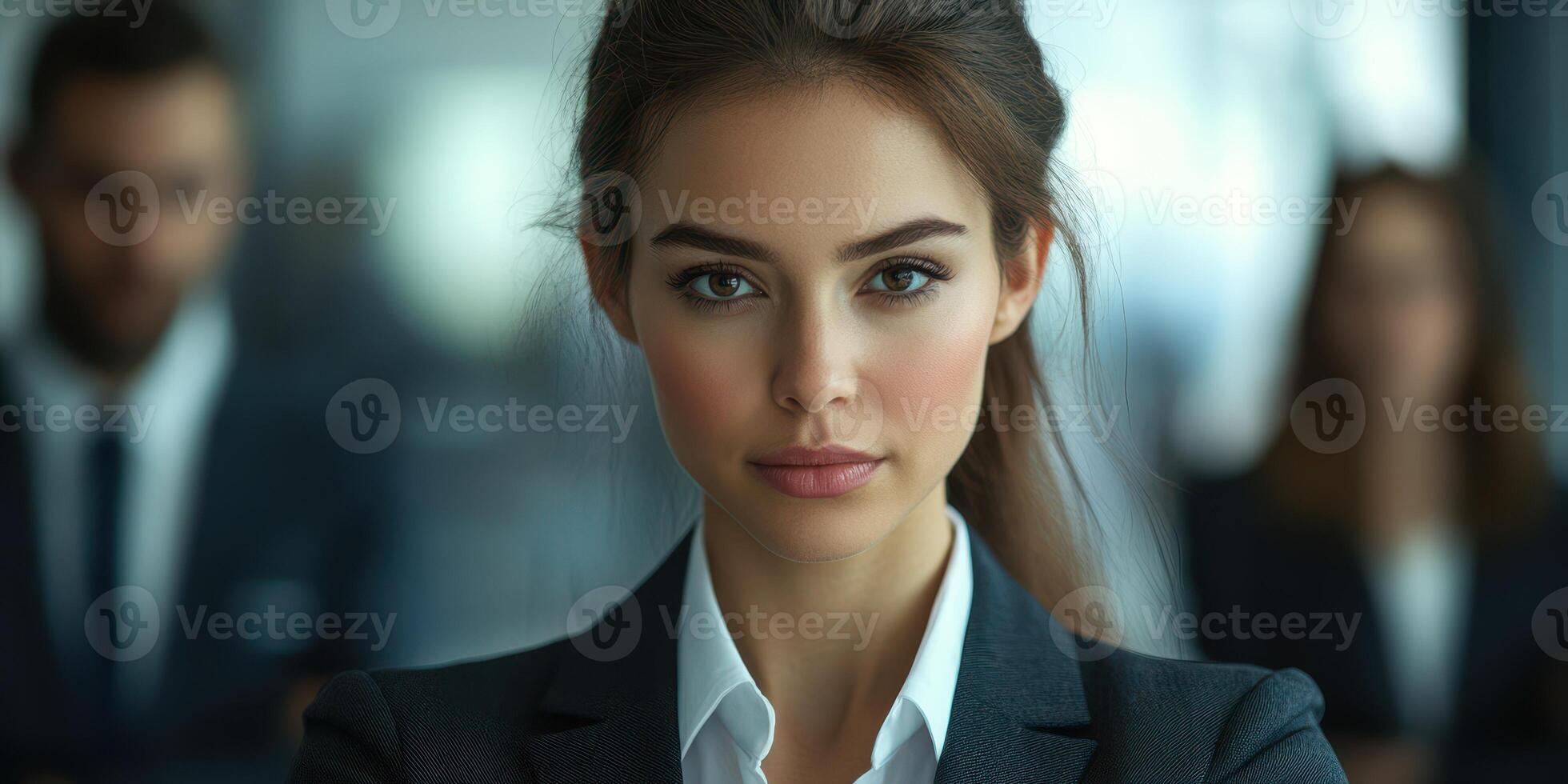 Professional woman poses confidently in business attire with colleagues in a modern office setting during working hours photo