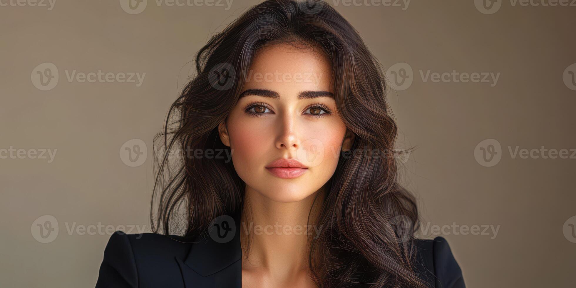 Portrait of a woman with long dark hair and a confident expression in a neutral setting, showcasing elegance and beauty photo