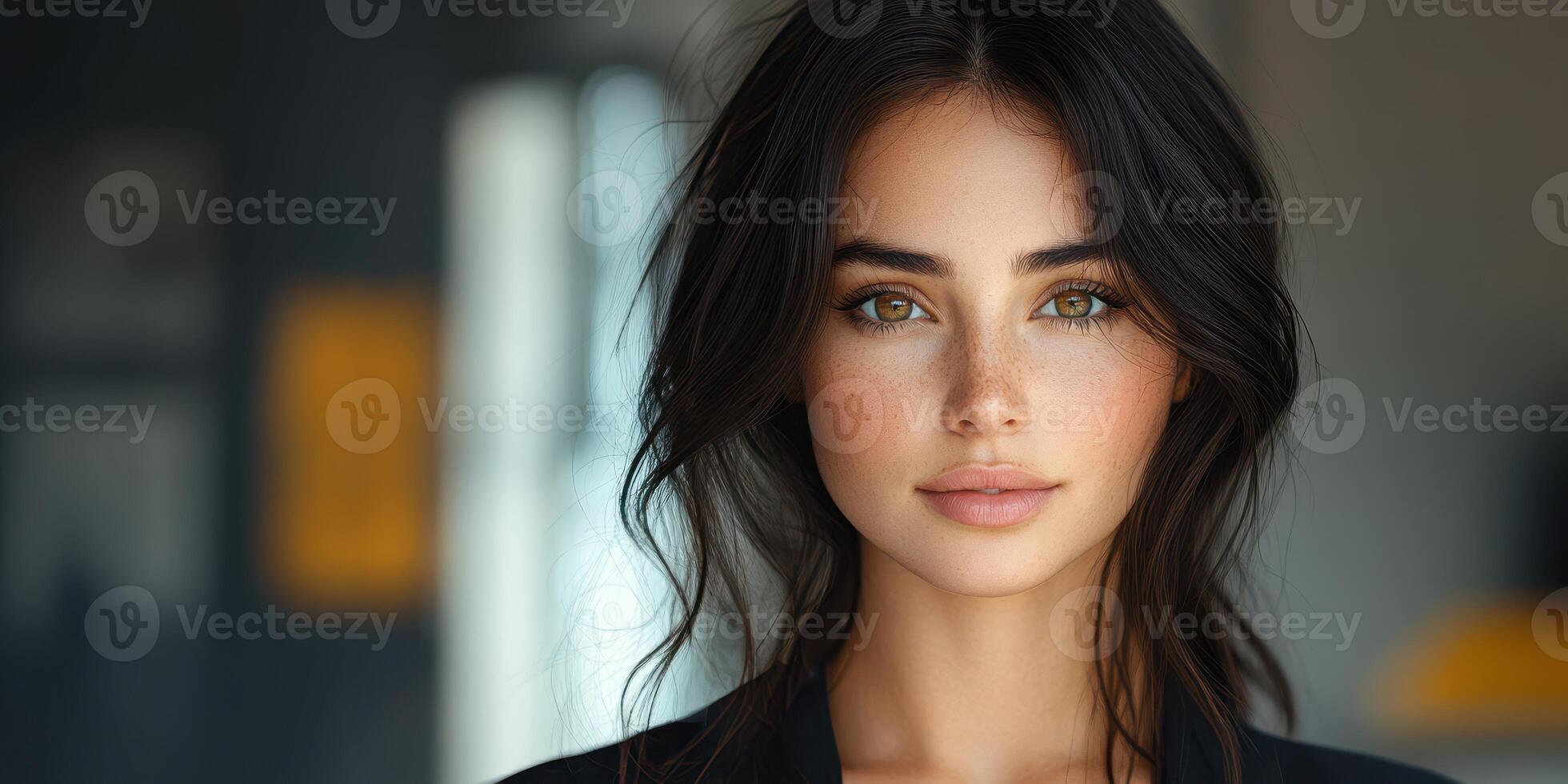 Portrait of a woman with long dark hair and striking green eyes in a soft-lit indoor setting during the day photo
