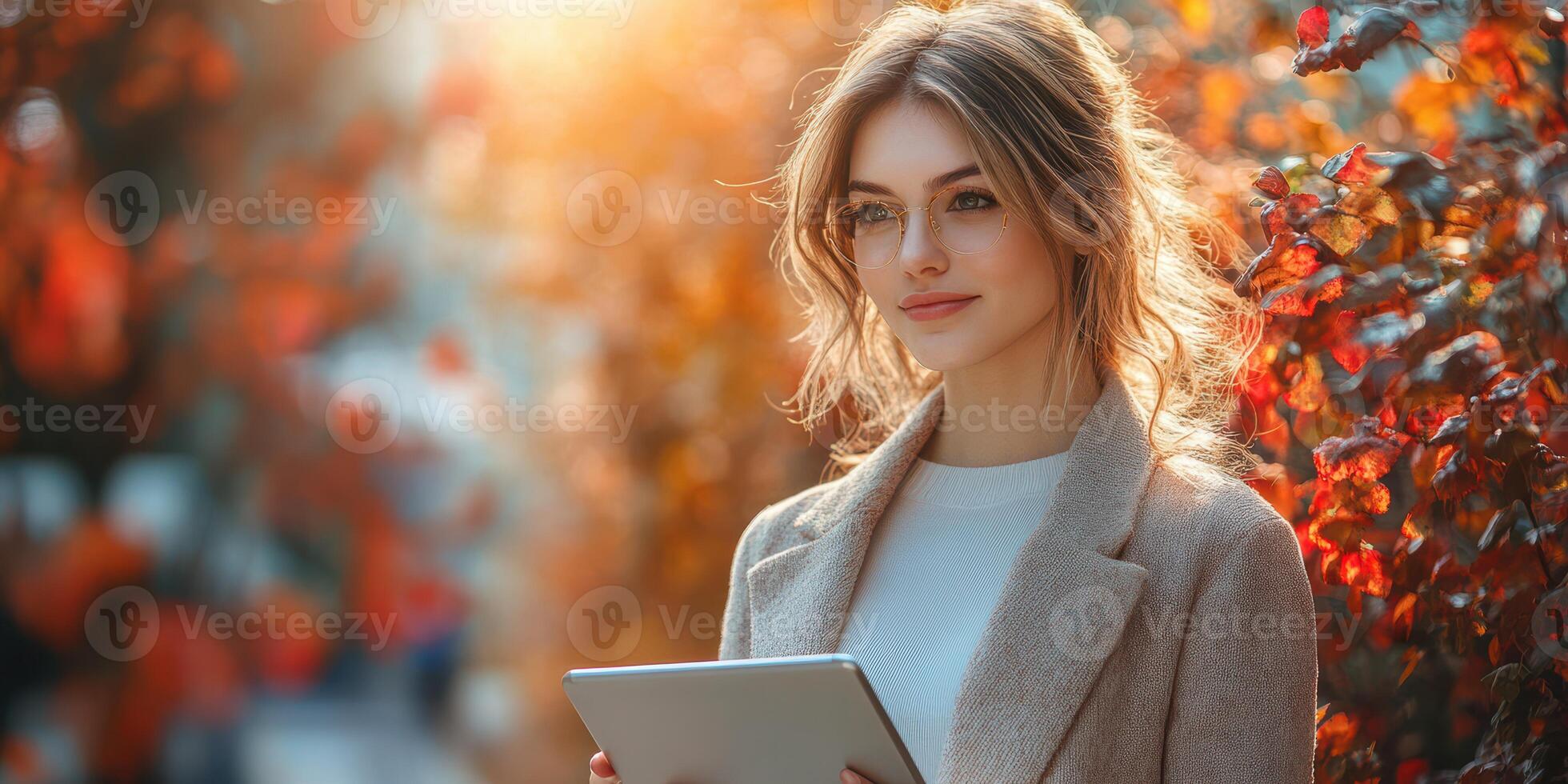 Young woman enjoying a sunny autumn day while using a tablet amidst colorful foliage in a park photo