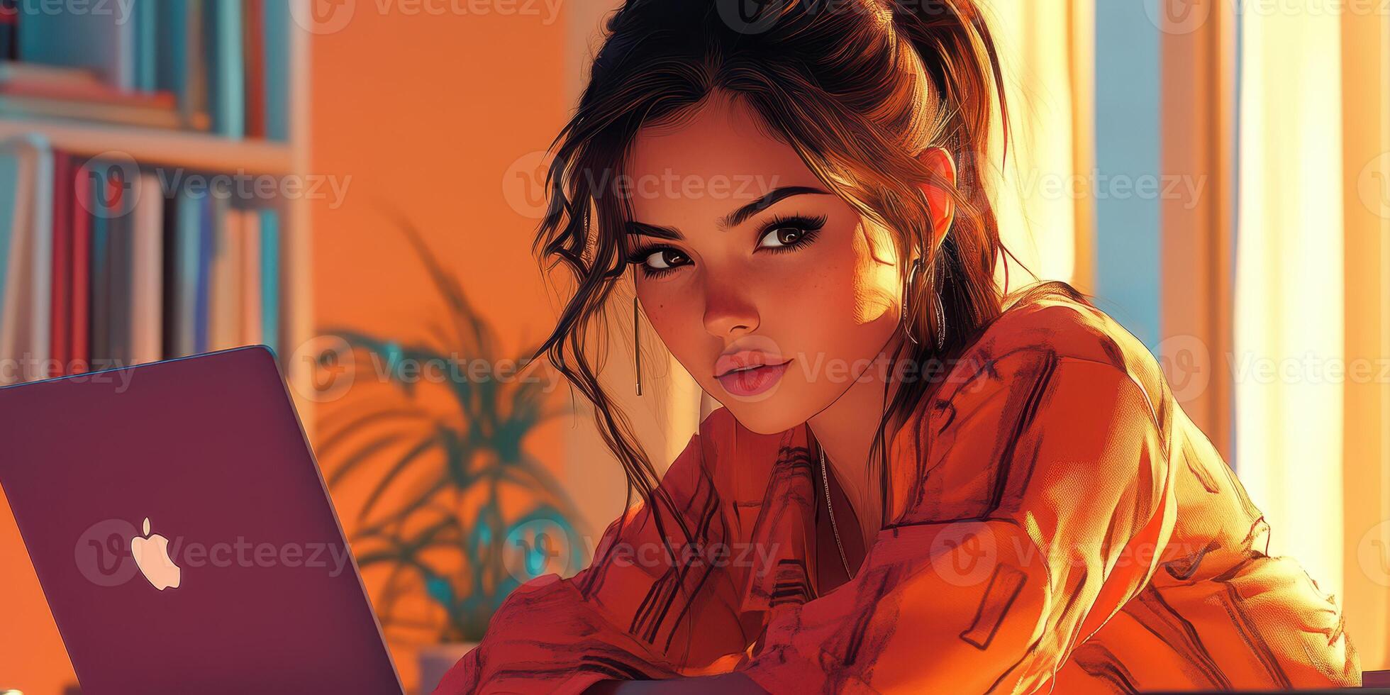 Young woman working on laptop in cozy indoor setting with warm lighting during evening hours photo