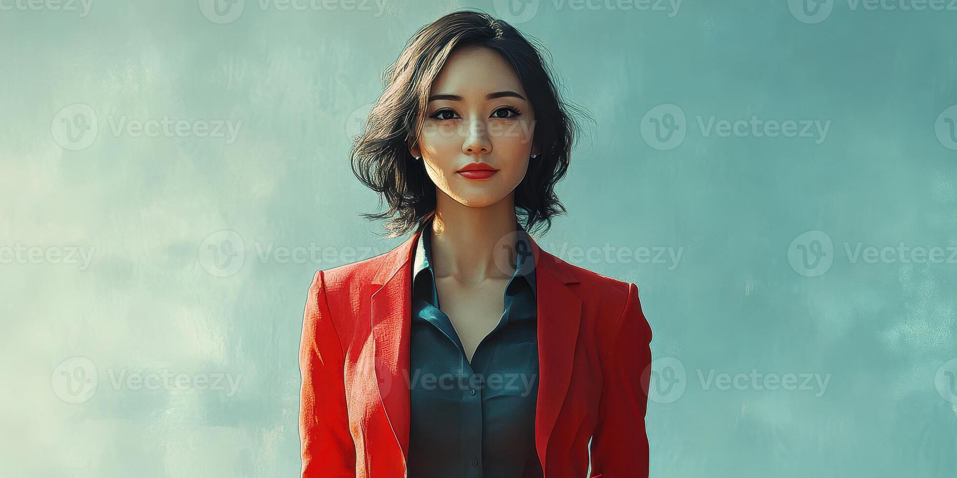 Confident woman in a red blazer stands against a softly blurred background during bright daylight photo