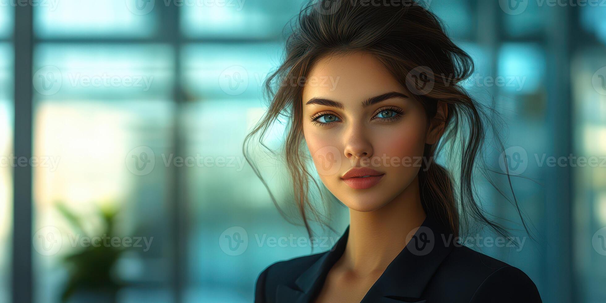 Young woman with striking blue eyes poses confidently in a modern office environment during daylight hours photo