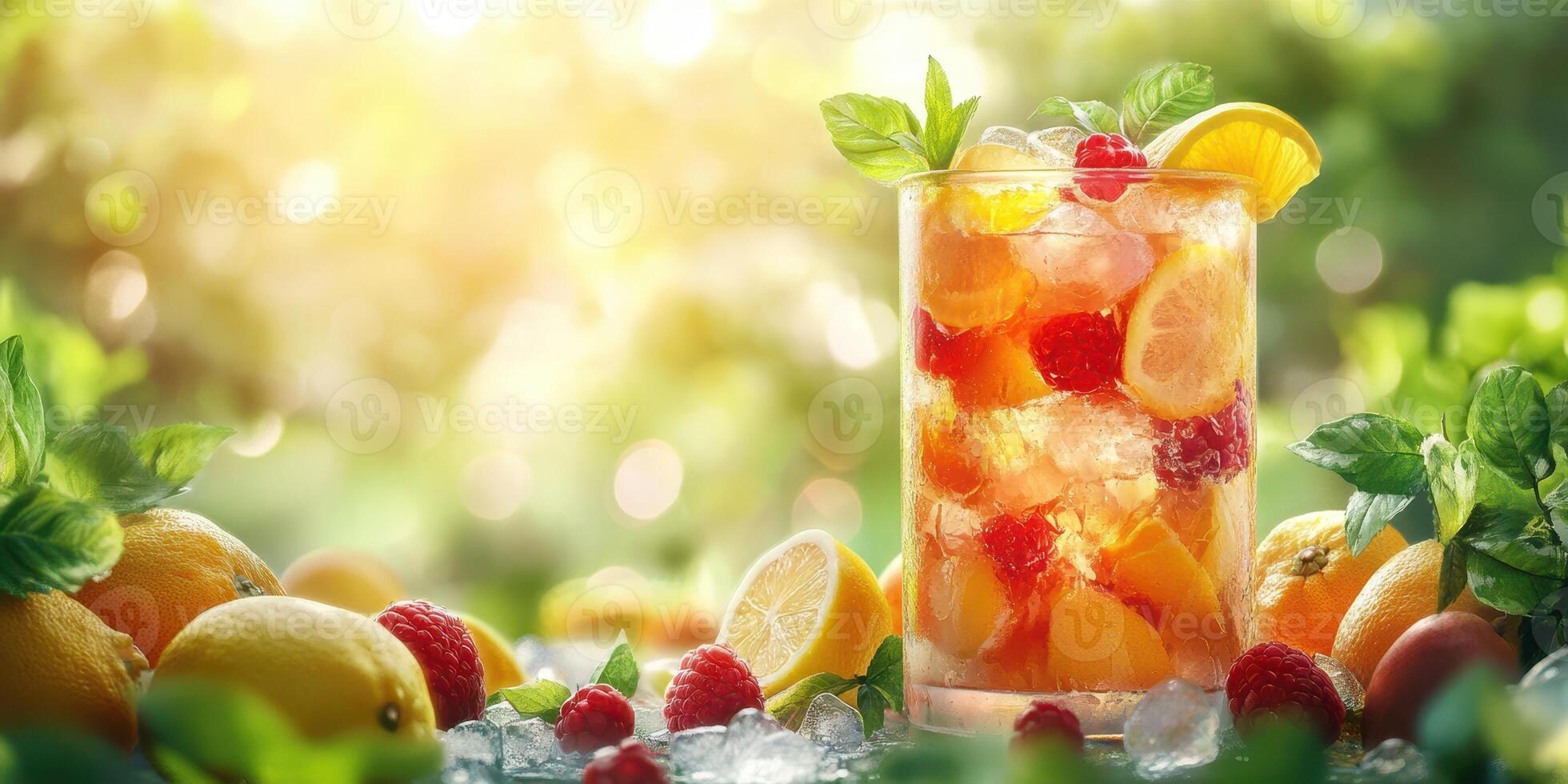 Refreshingly fruity drink with citrus and mint in a vibrant garden setting during golden hour photo