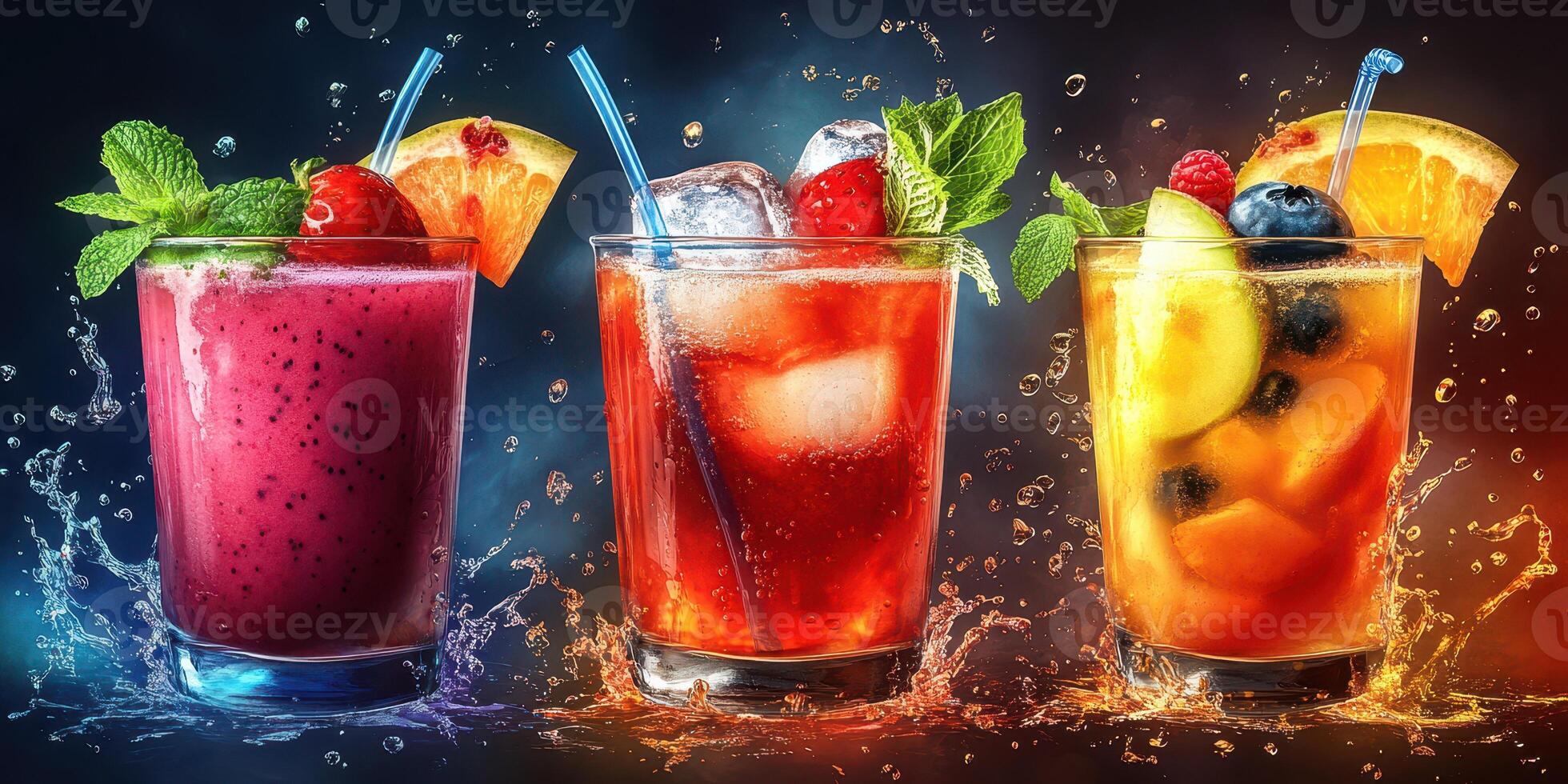 Refreshing summer cocktails with vibrant fruits and mint served in clear glasses photo