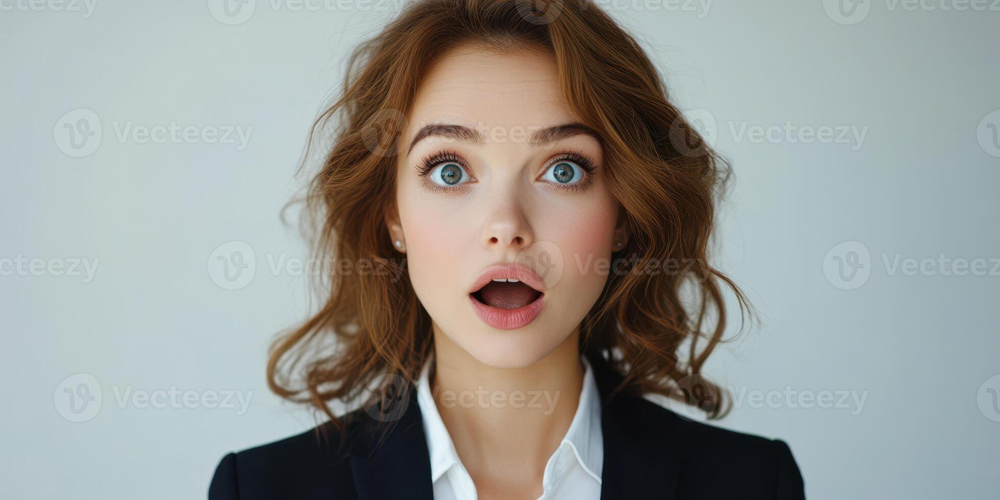 Woman expresses surprise with wide eyes and open mouth in a professional setting while wearing a dark blazer photo