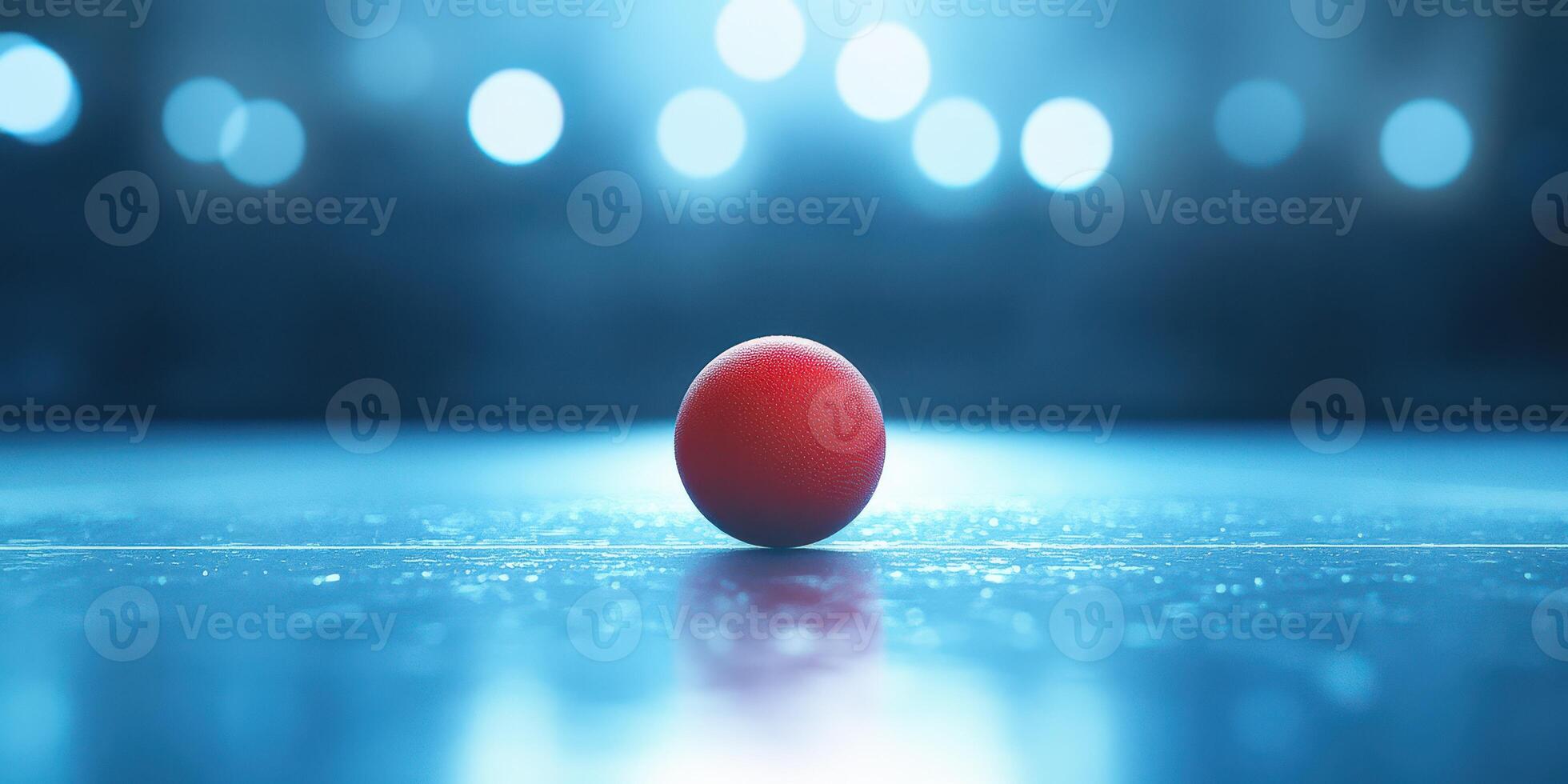 Bright red ball sits on a reflective surface under soft blue lighting in an indoor setting photo