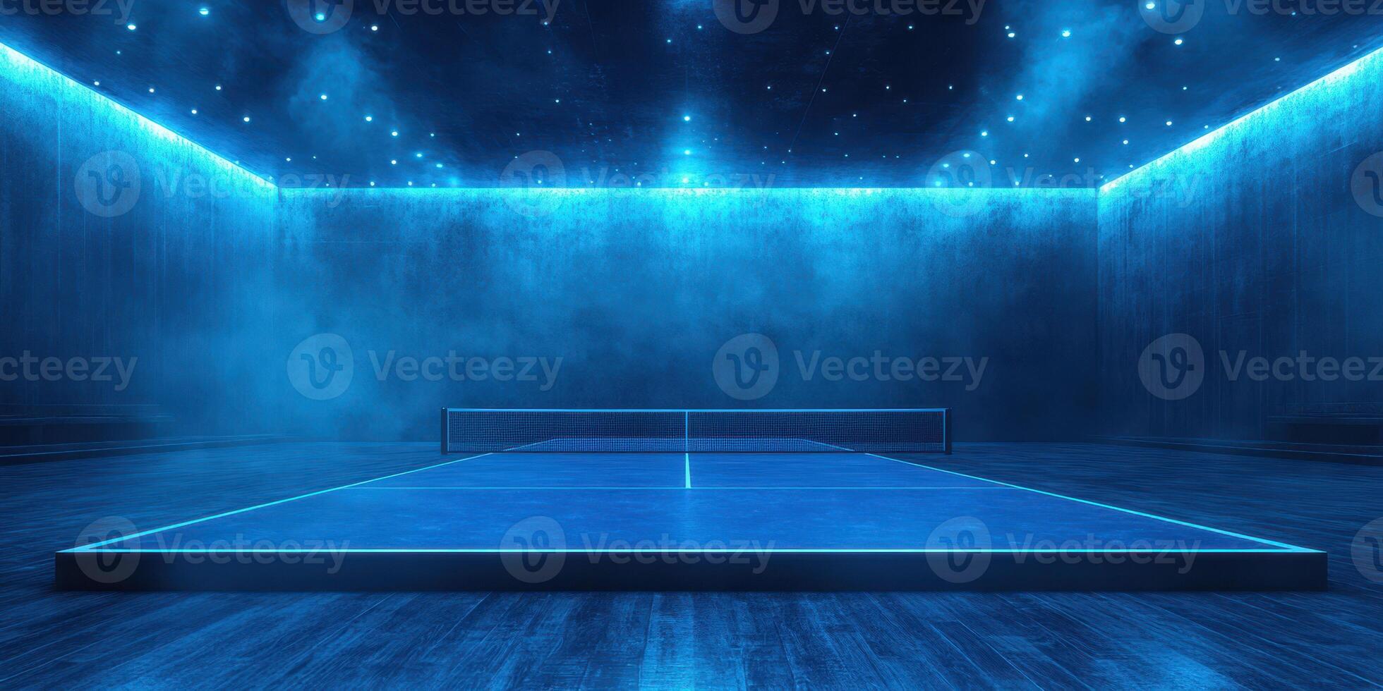 Modern blue-lit table tennis arena with atmospheric lighting and sleek design for competitive play photo