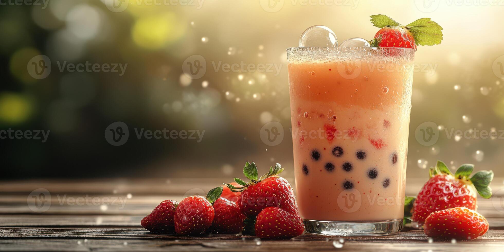 Refreshing fruit drink garnished with strawberries and mint on a wooden table in bright sunlight photo