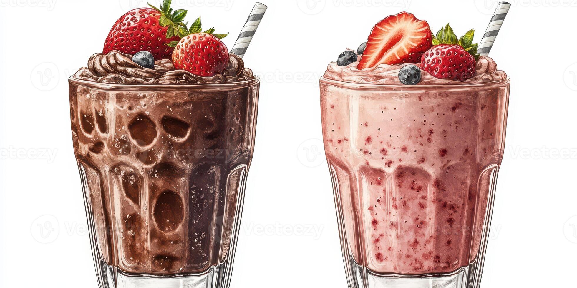 Two decadent smoothies with fresh strawberries and blueberries served in clear glasses with striped straws photo