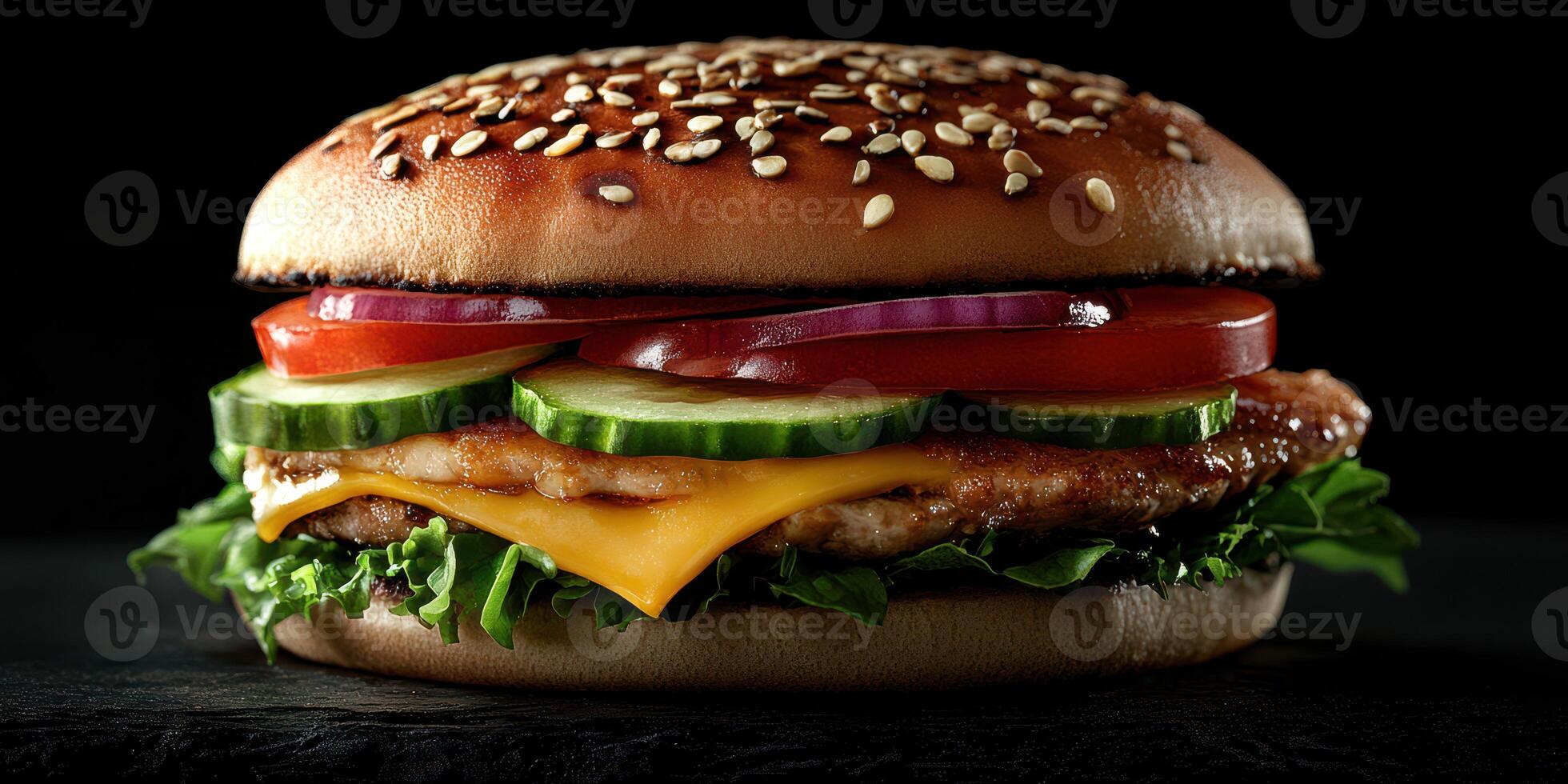 Delicious chicken burger with fresh vegetables and cheese on a dark background photo
