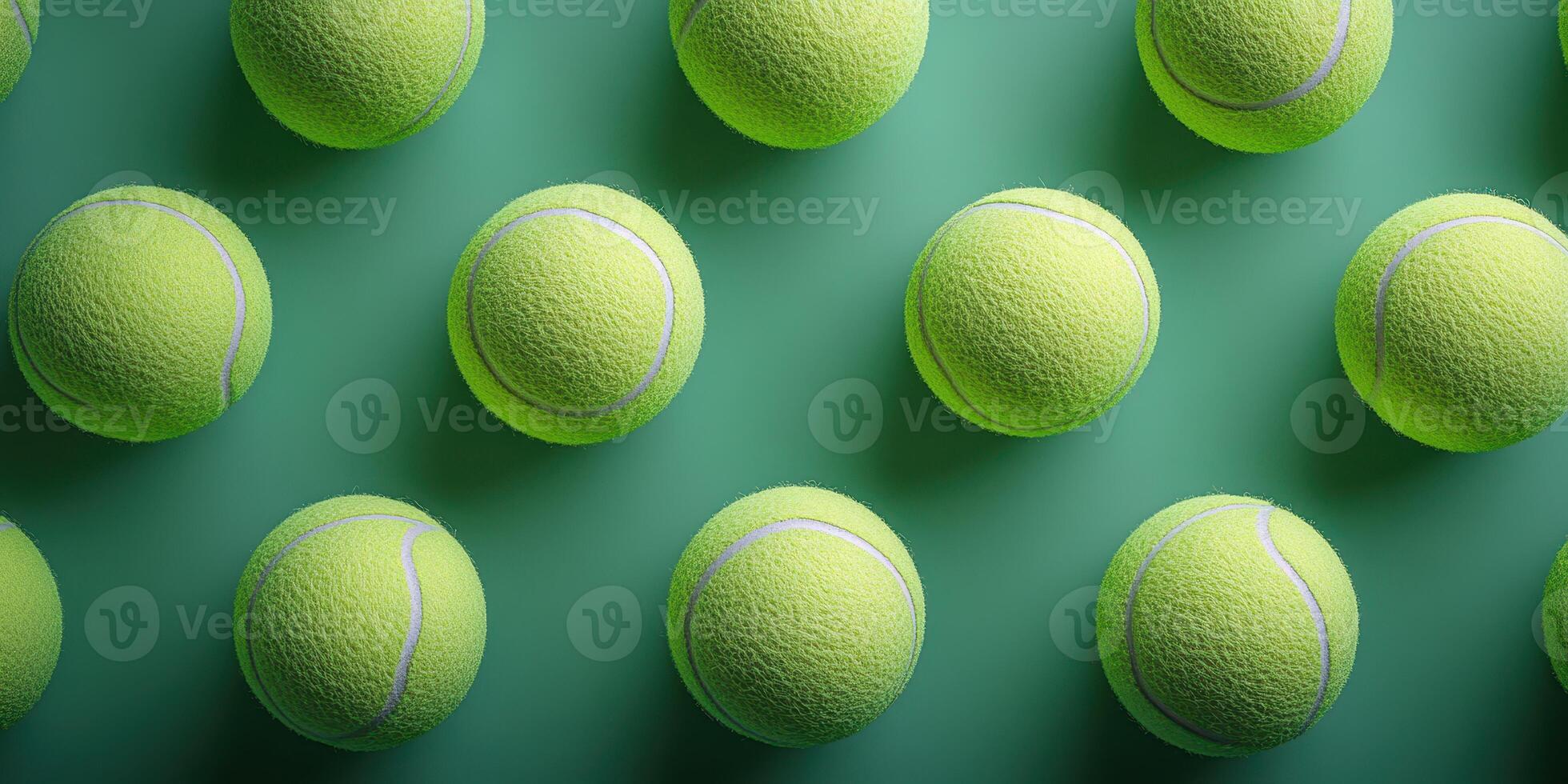 Multiple green tennis balls arranged neatly on a vibrant surface create a visually striking pattern for a sports-themed display photo