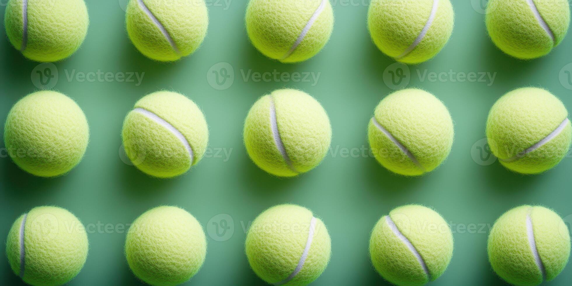 Round yellow tennis balls arranged in a grid pattern on a green background create a vibrant display of sports equipment photo