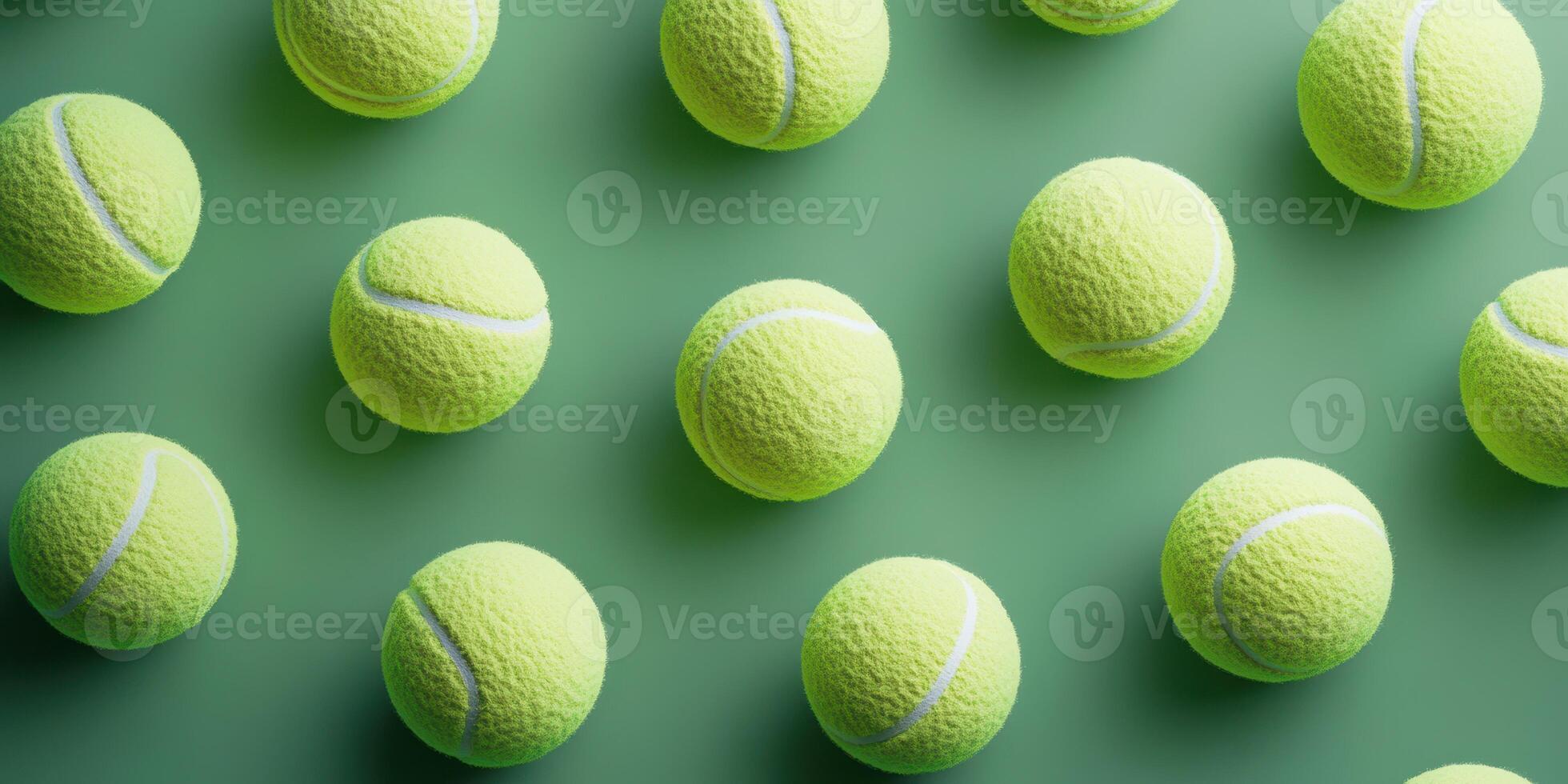 Collection of yellow tennis balls arranged on a green surface in a neat pattern during daylight photo