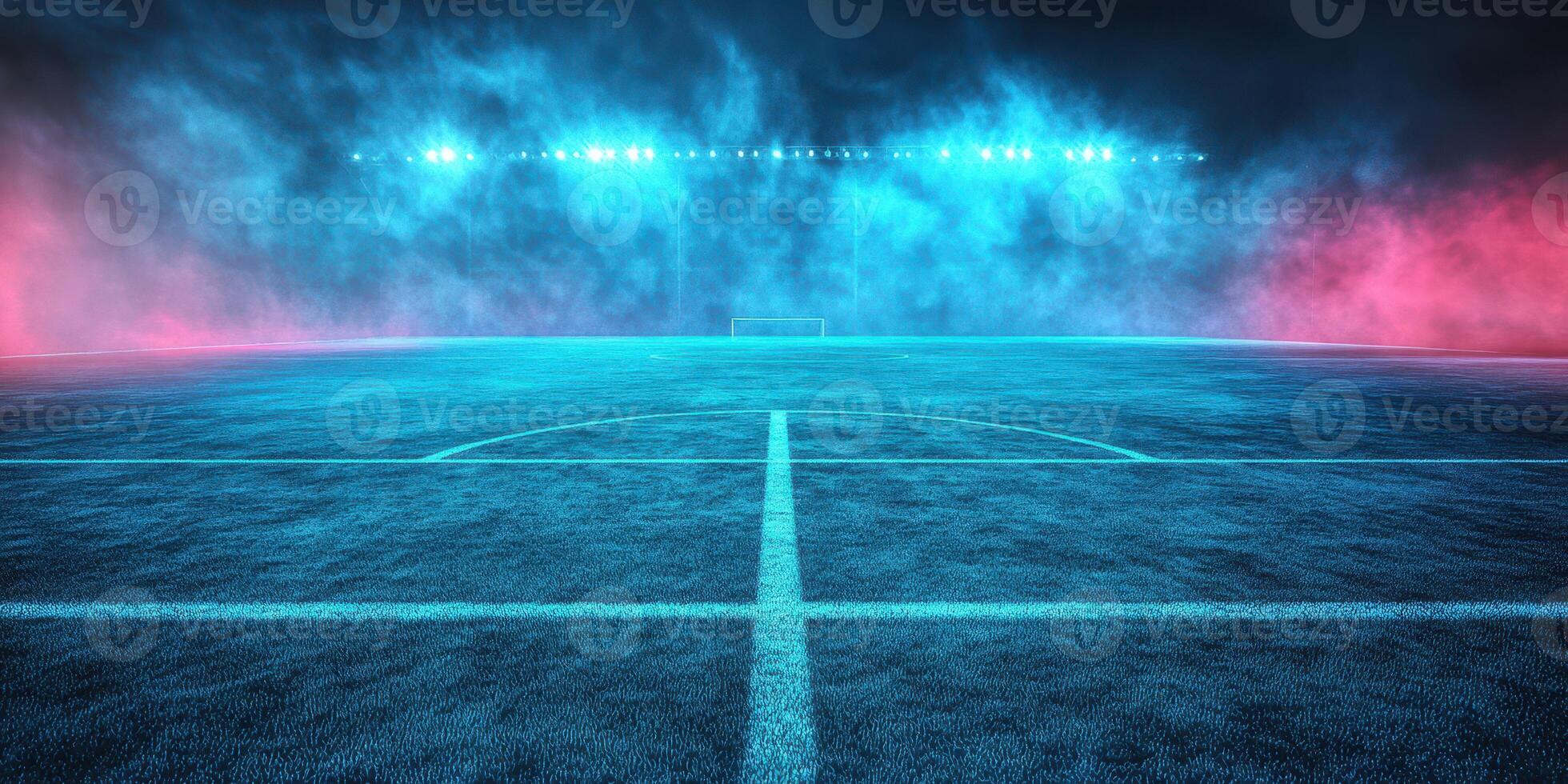 Illuminated soccer field with vibrant lighting effects during a night match in a stadium photo