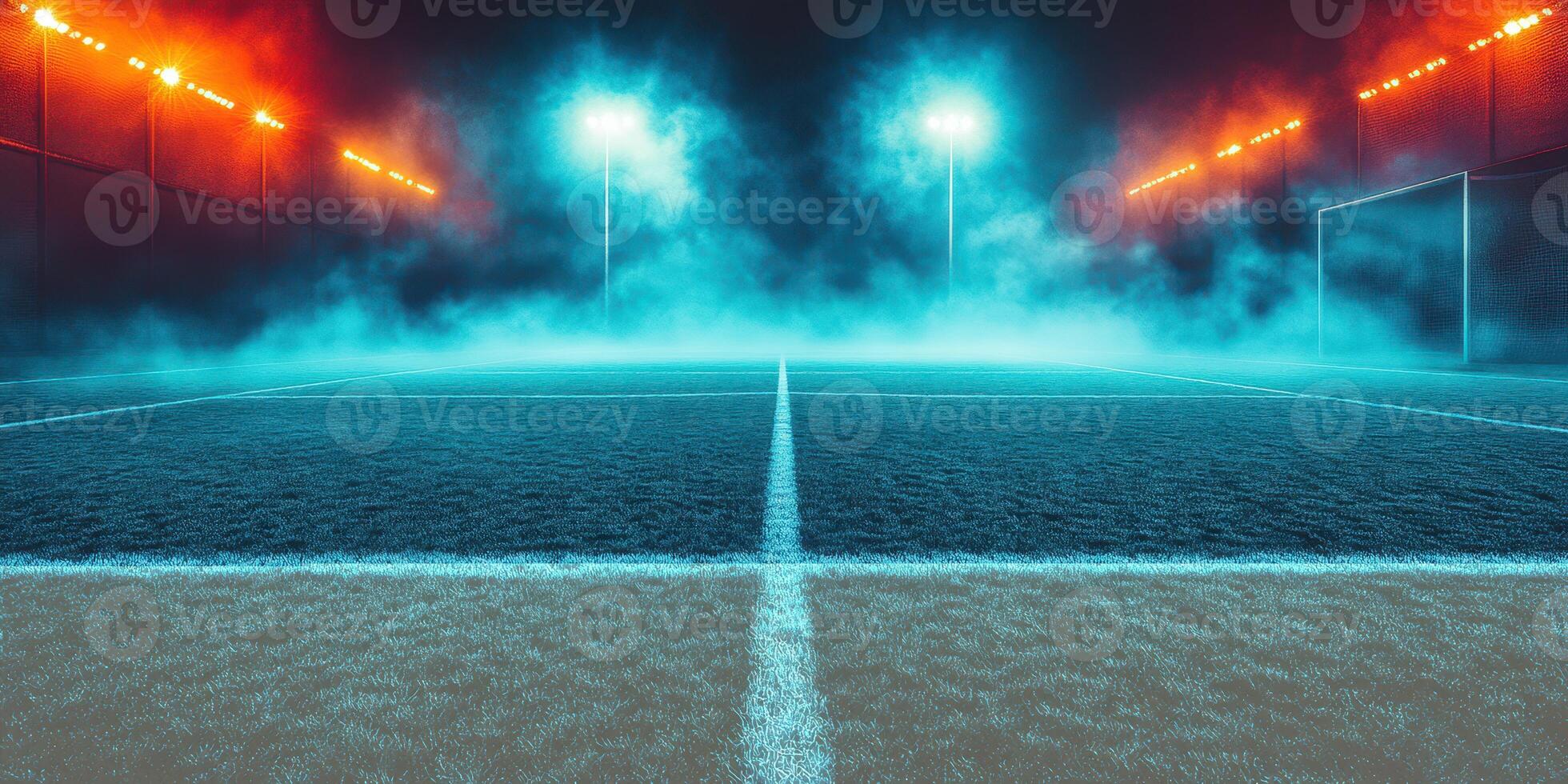 Misty soccer field illuminated by bright lights during a nighttime match in an urban setting photo