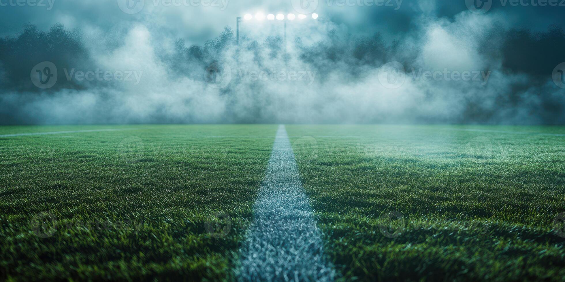 Foggy night on a football field with bright floodlights illuminating the grass and creating a mystical atmosphere photo