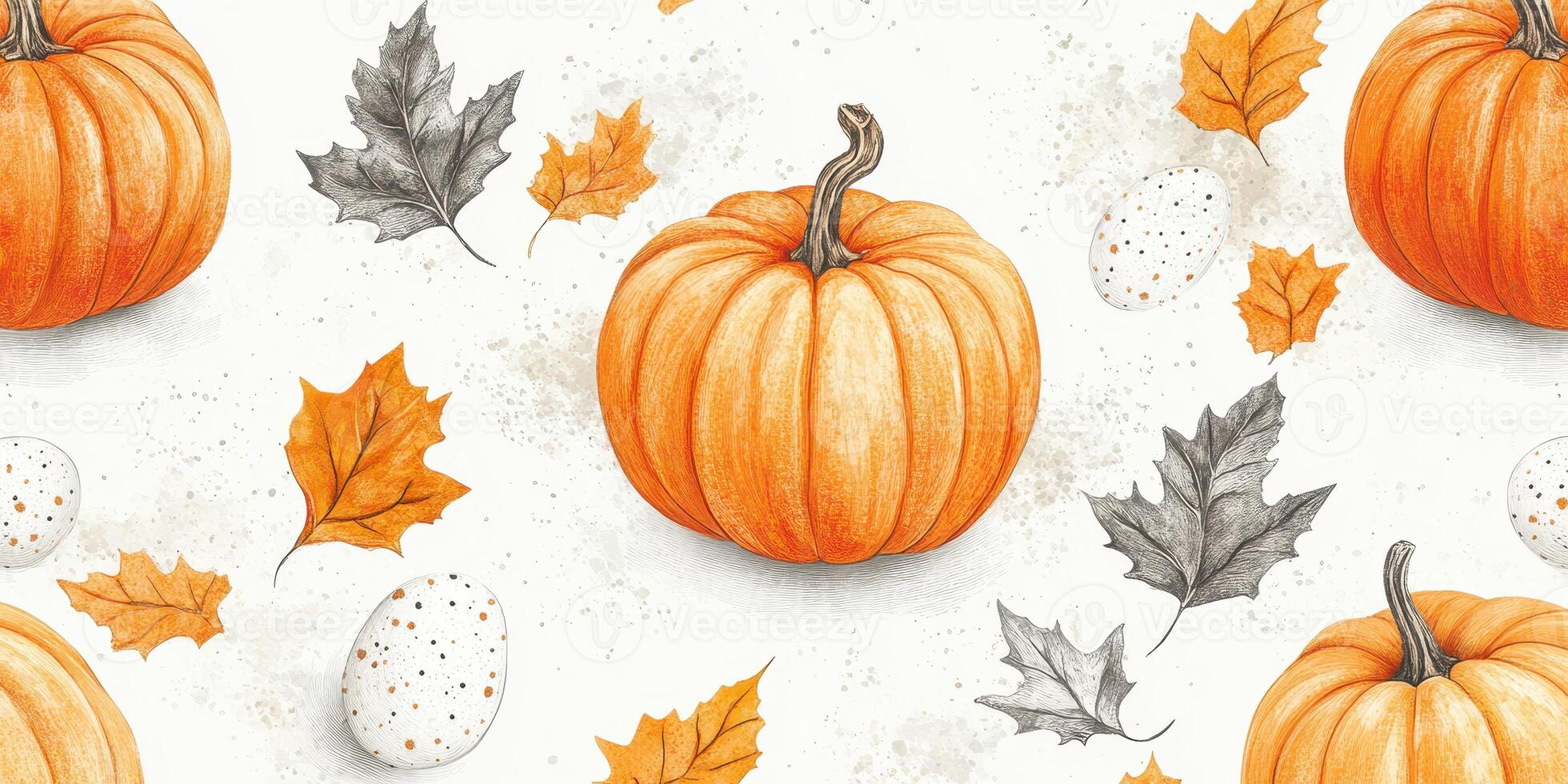 Decorative autumn pattern featuring pumpkins, leaves, and speckled eggs against a light background photo