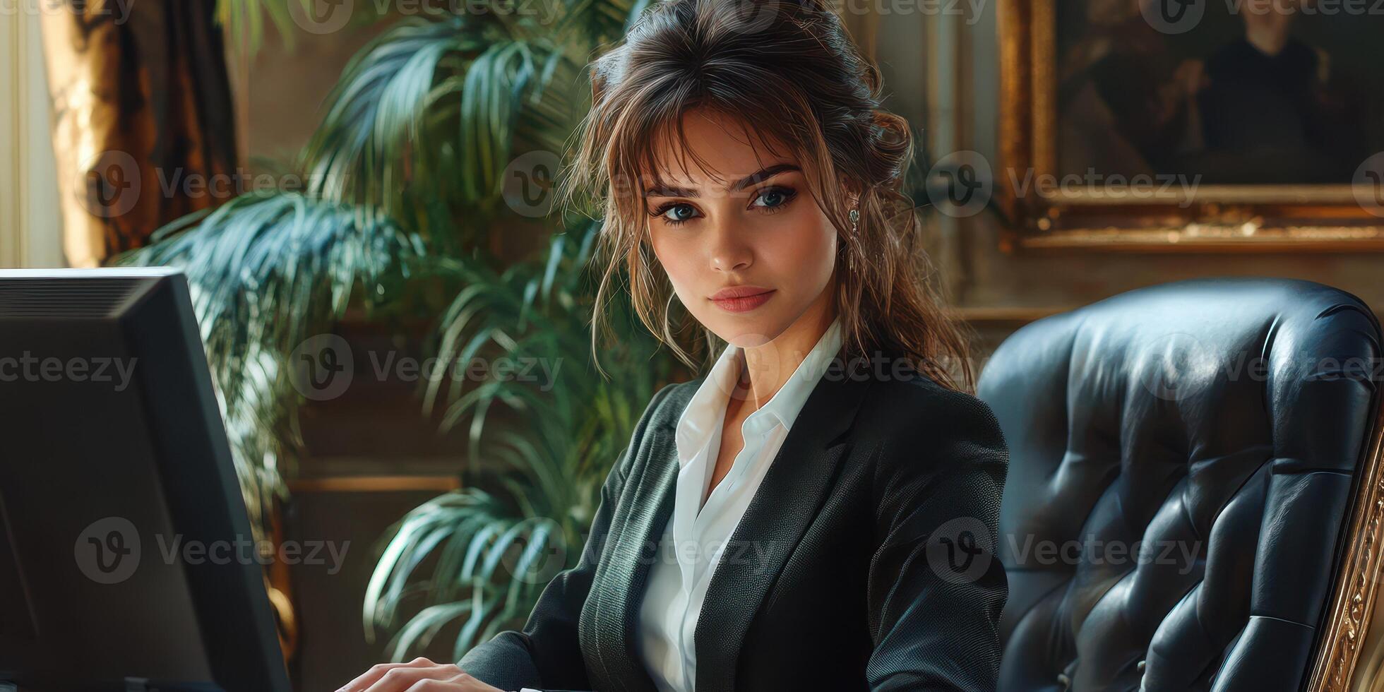 Businesswoman working at an elegant office desk with a computer in a sophisticated environment photo