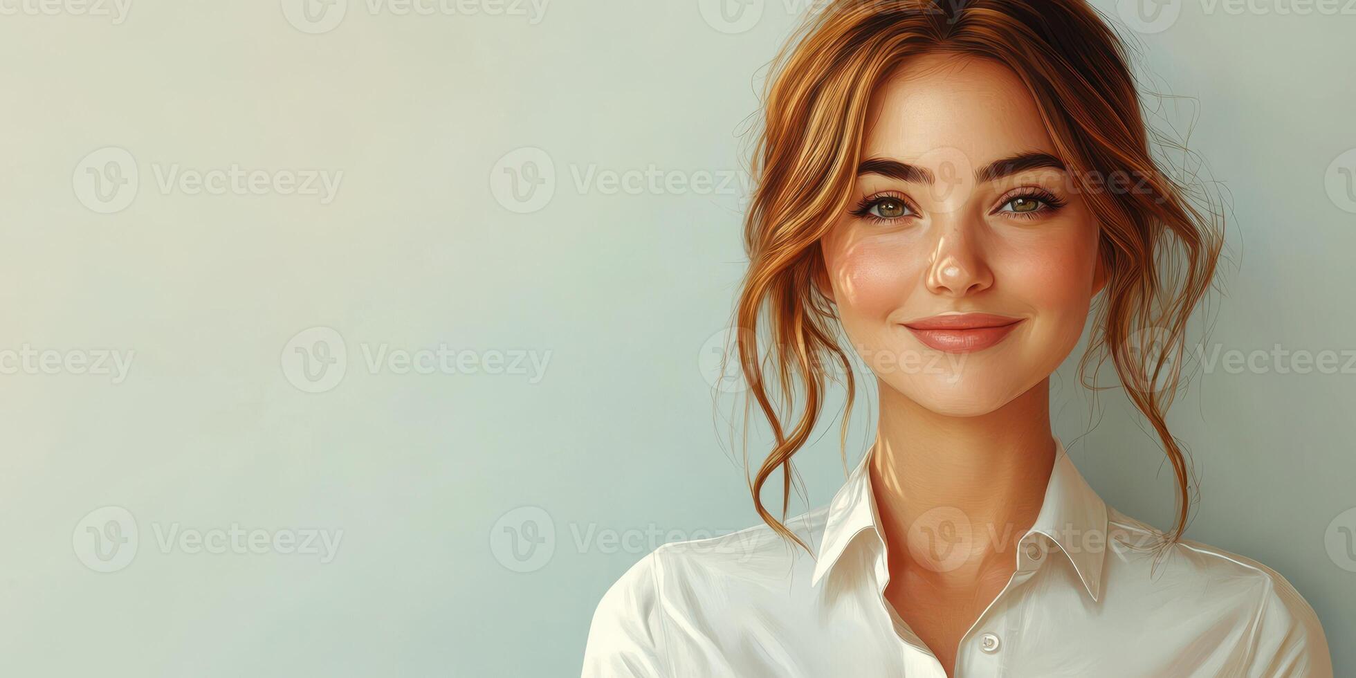 Smiling woman with wavy hair poses against a soft pastel background in a bright and cheerful setting photo