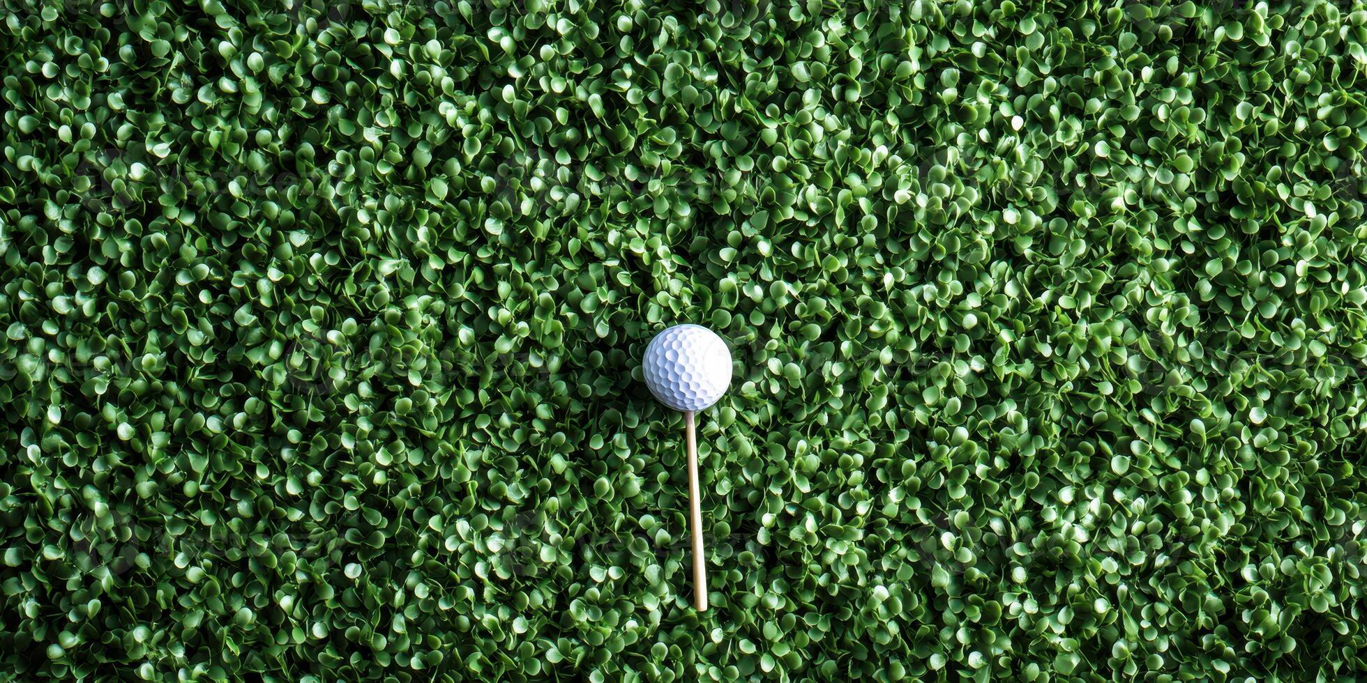 Golf ball resting on vibrant green turf in a serene outdoor setting during a sunny day photo