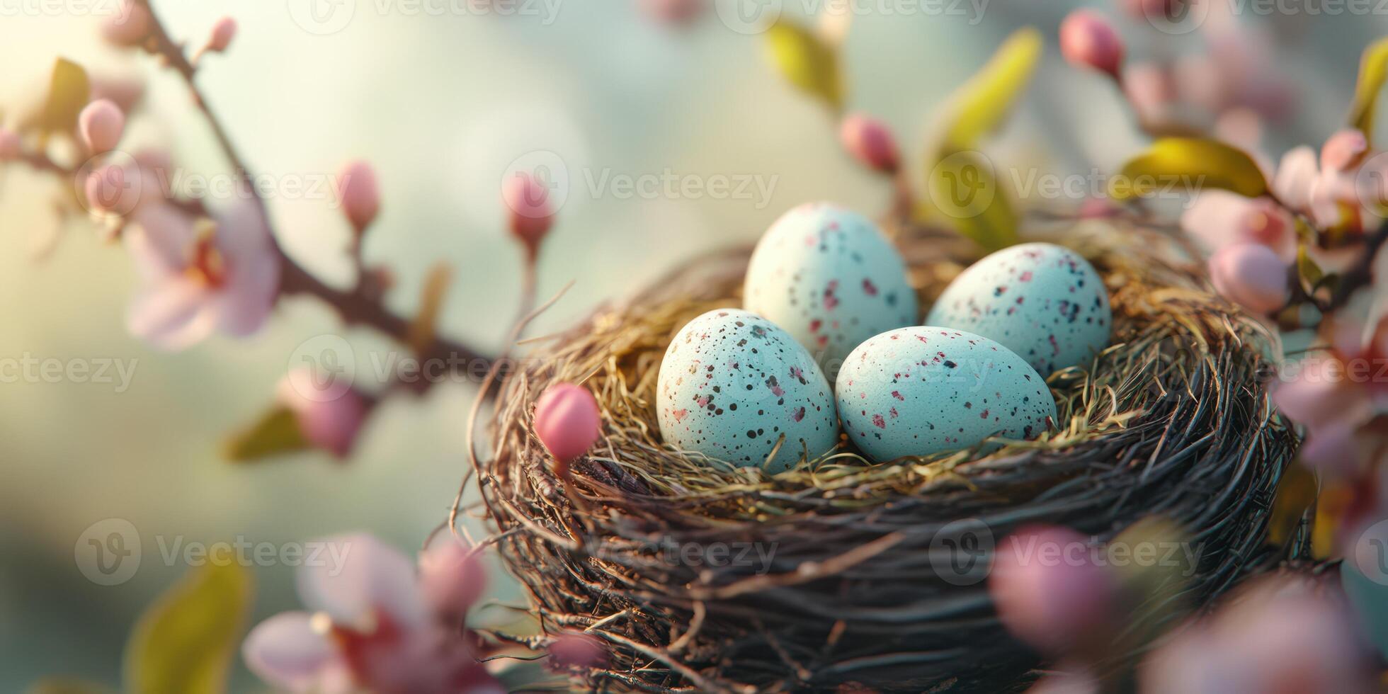 Nest with speckled eggs under blooming branches captured during springtime, symbolizing renewal and nature's beauty photo
