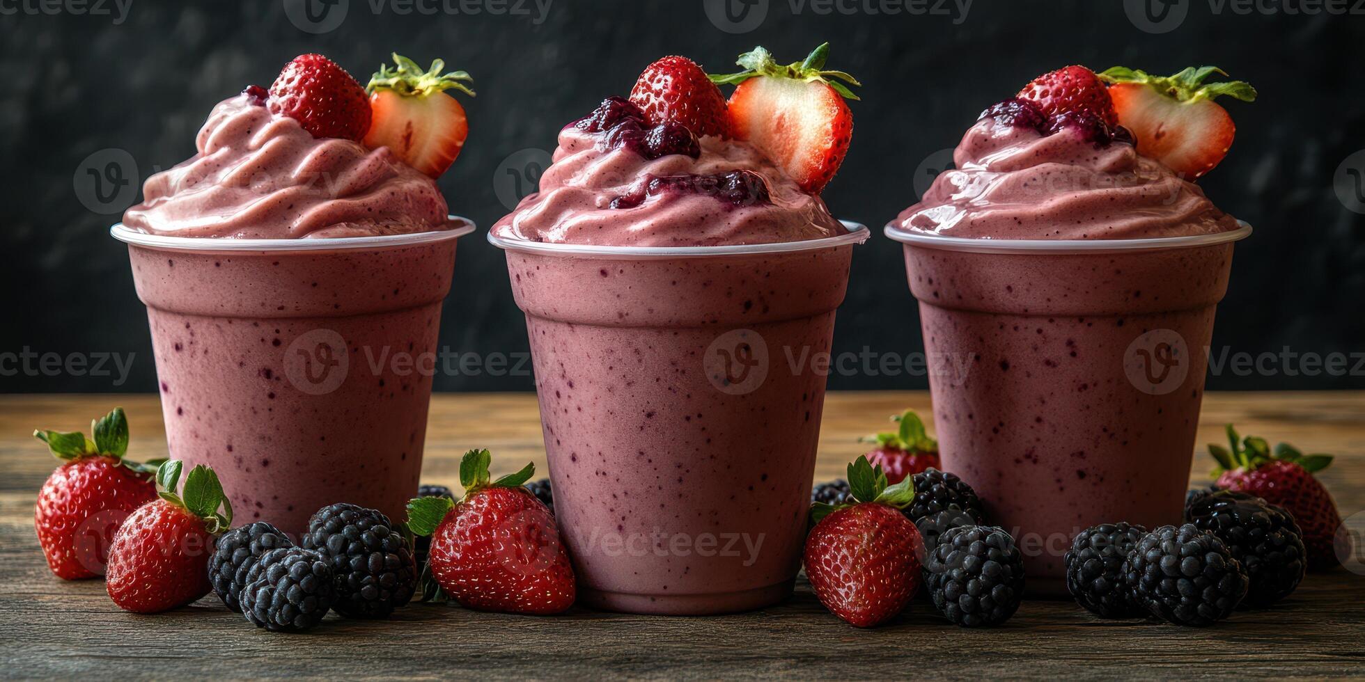 Delicious berry smoothie cups with fresh fruit served on a wooden table in a charming setting photo
