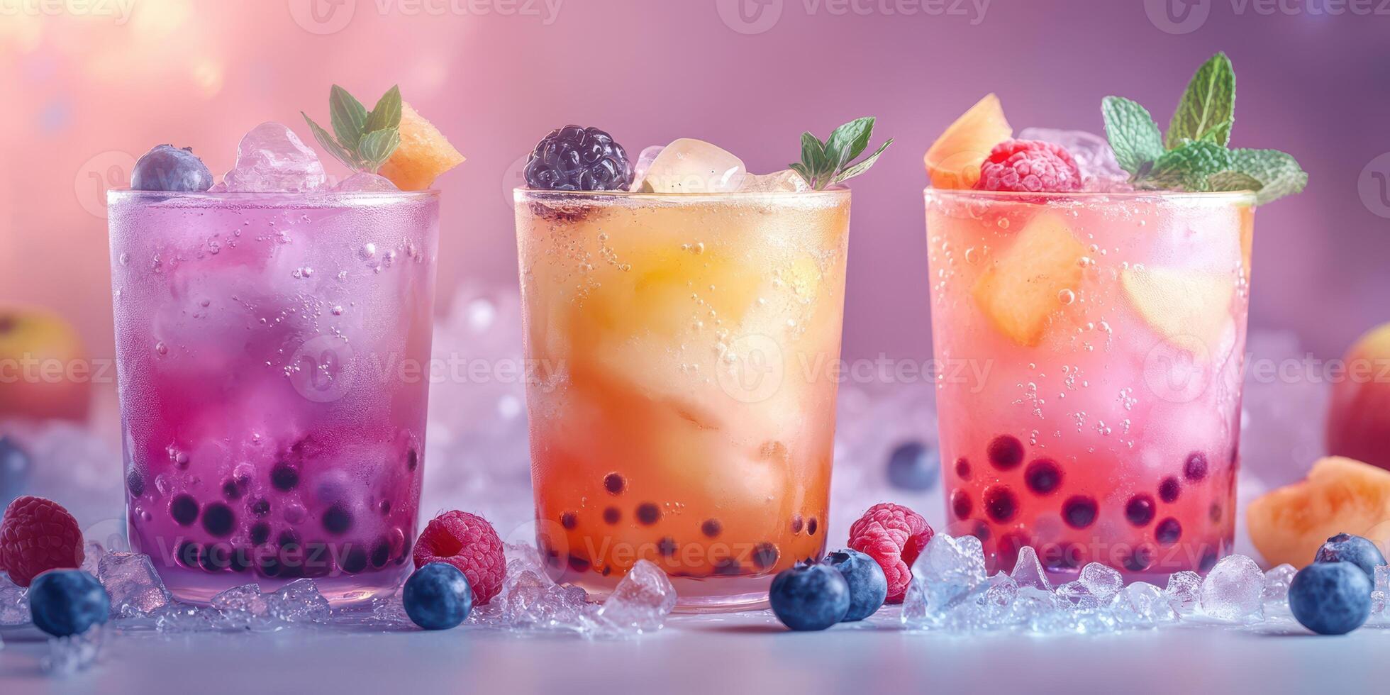 Colorful bubble tea drinks served in glasses with ice and fresh fruit in a vibrant setting photo