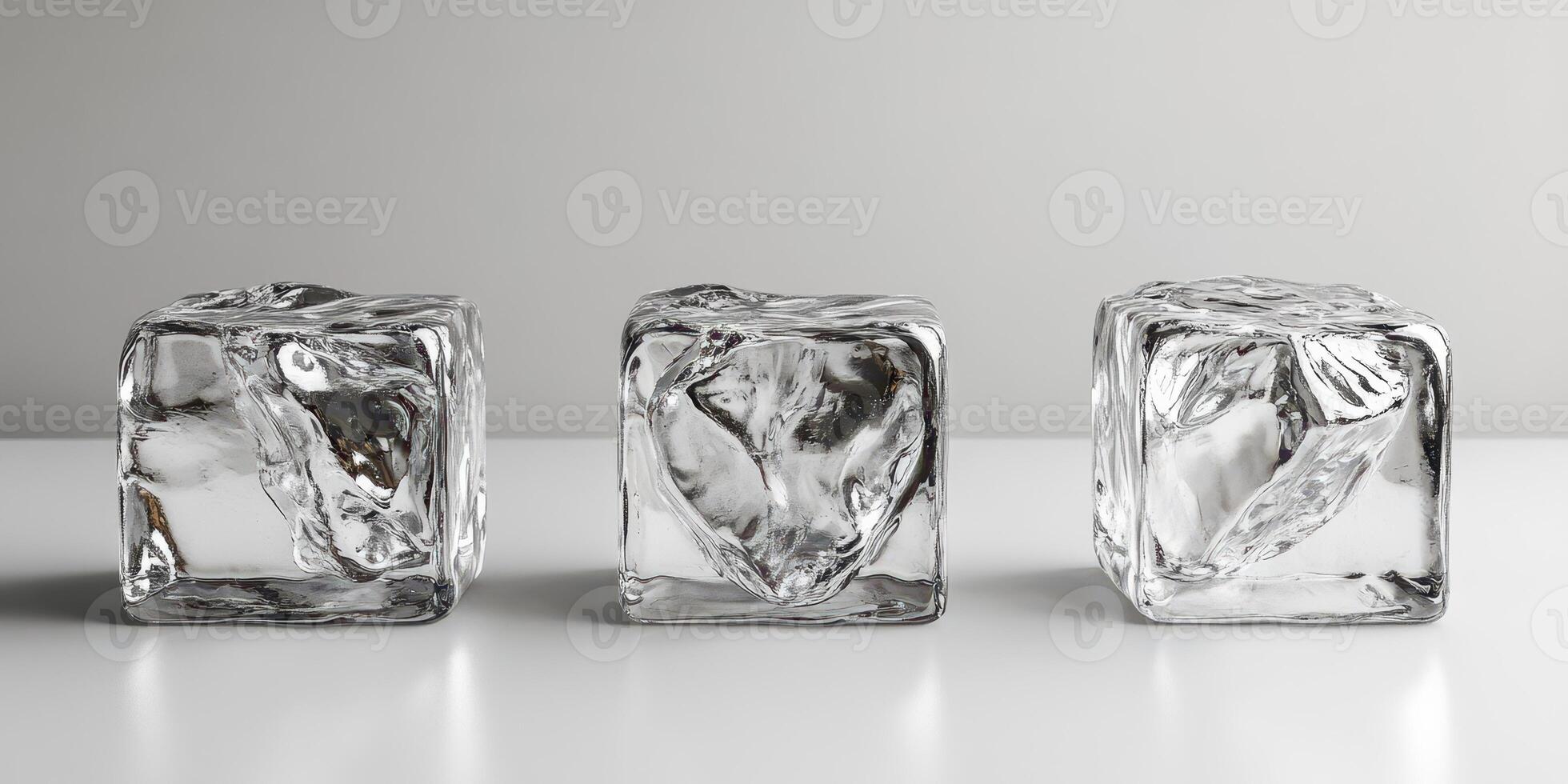 Clear ice cubes placed on a smooth surface highlighting their texture and shape in natural lighting photo