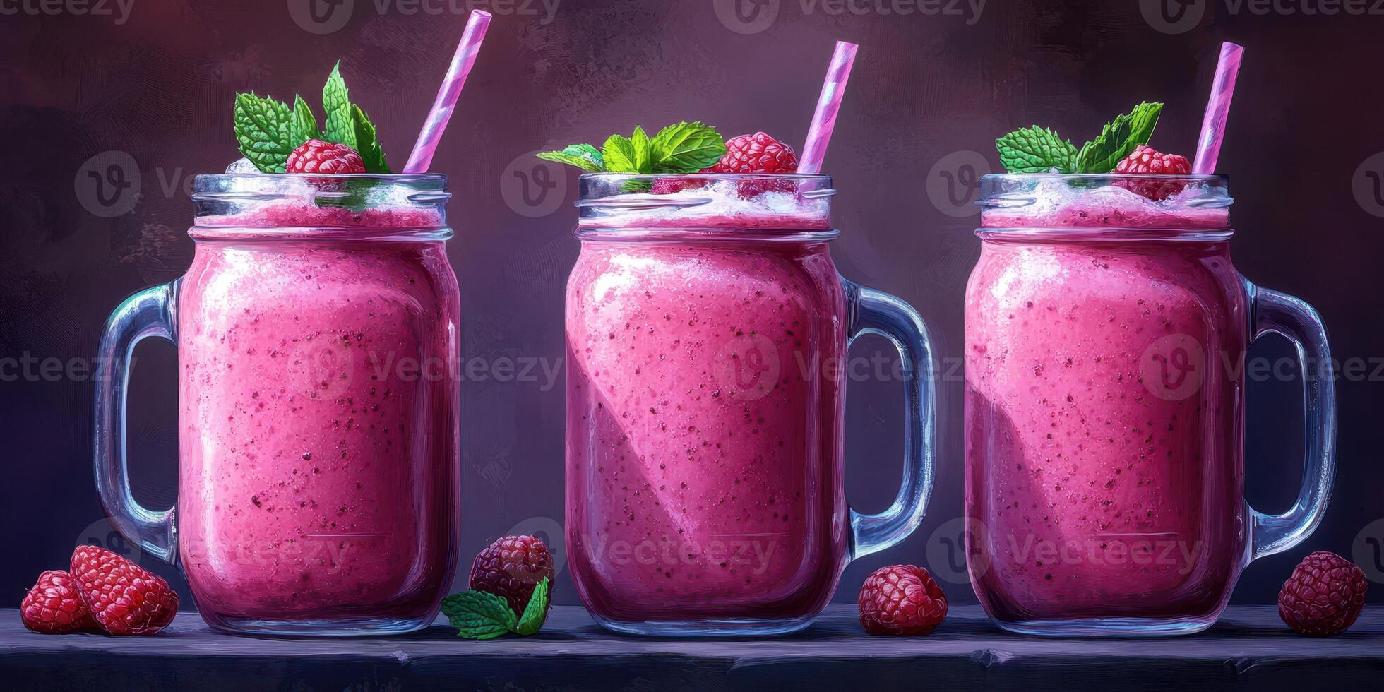 Refreshing raspberry smoothies served in mason jars with mint leaves on a dark surface photo
