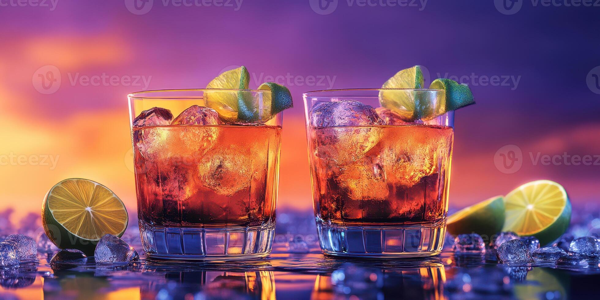 Refreshing cocktails with lime and ice at sunset over a shimmering surface photo