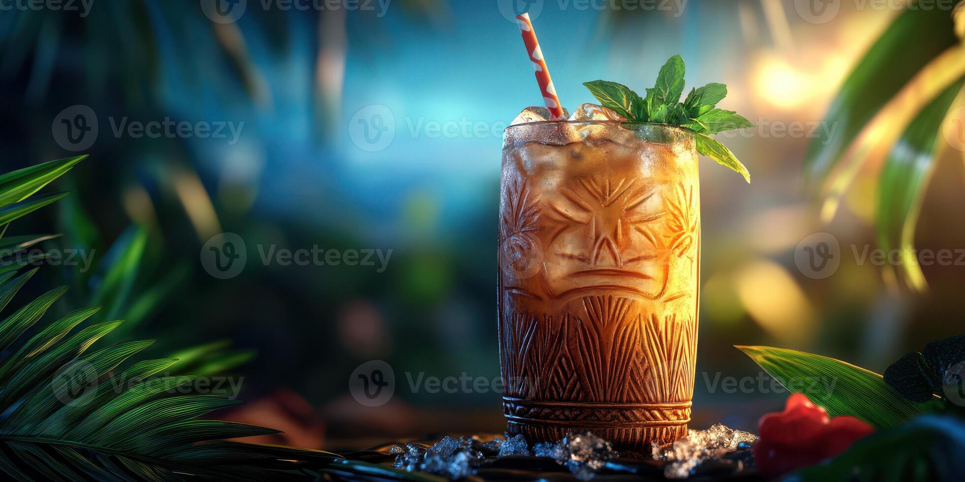 Exotic cocktail garnished with mint and a colorful straw on a tropical backdrop in a lush setting photo