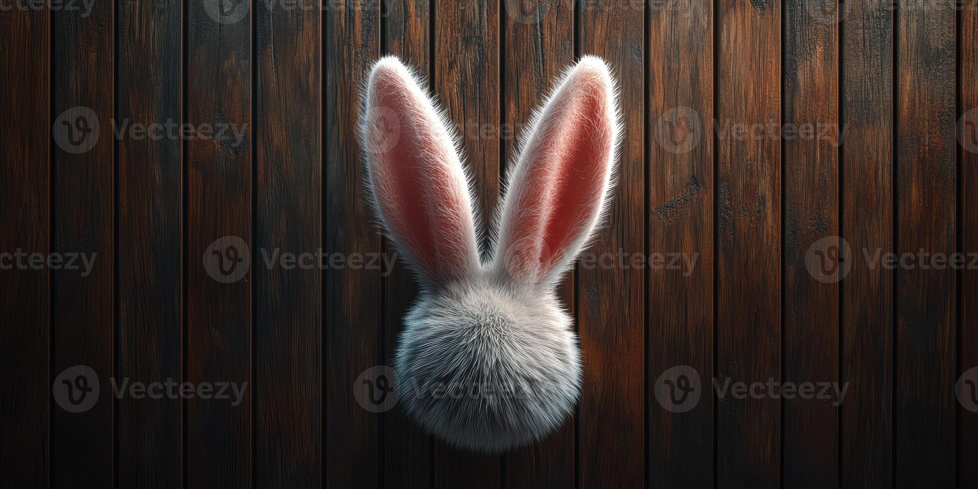 Fuzzy rabbit ears with a soft tail displayed on a rustic wooden background photo