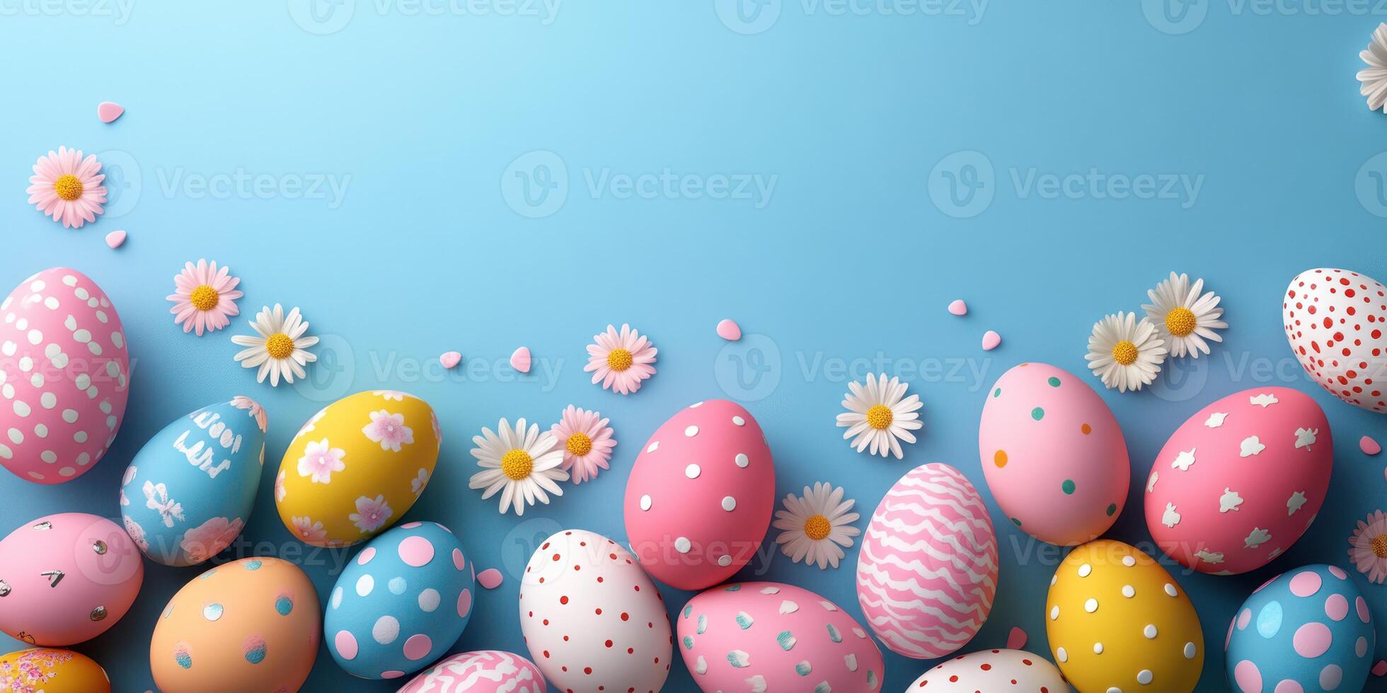 Colorful decorated Easter eggs with flowers on a blue background for spring celebrations and festivities photo
