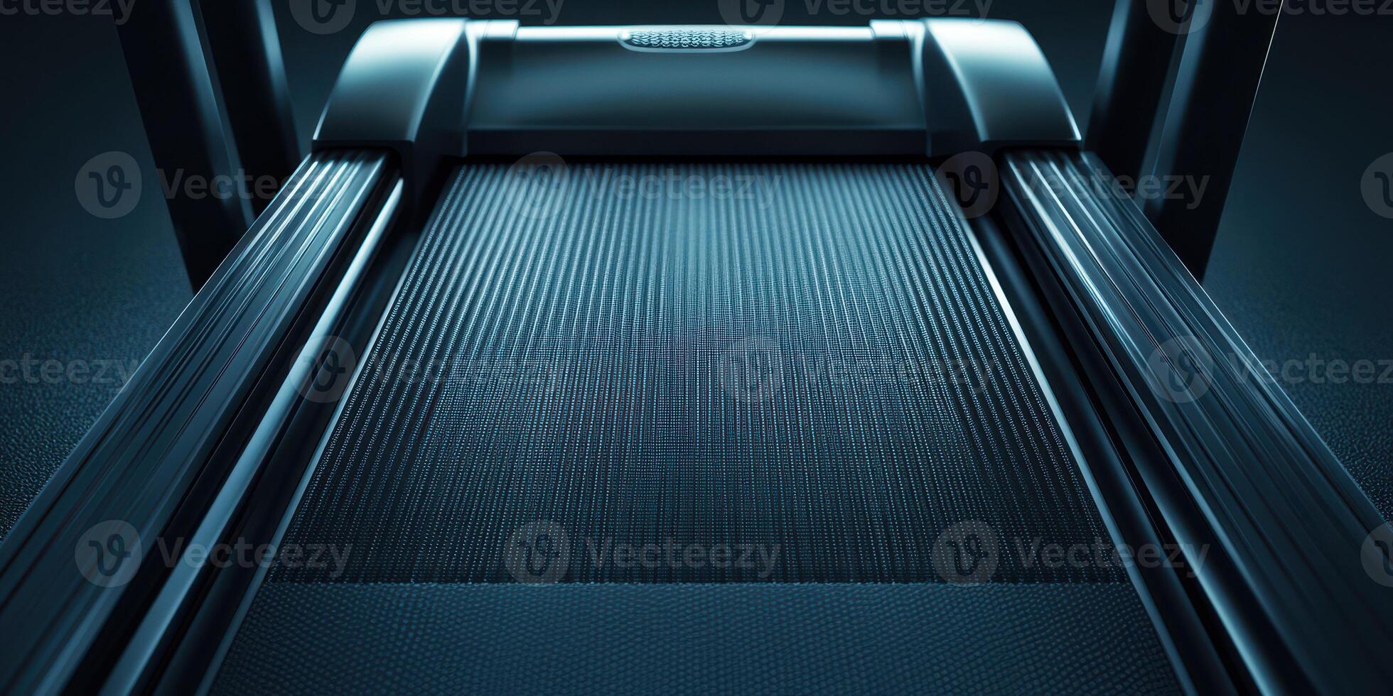 Detailed view of treadmill belt highlighting texture and design in a fitness environment during evening hours photo