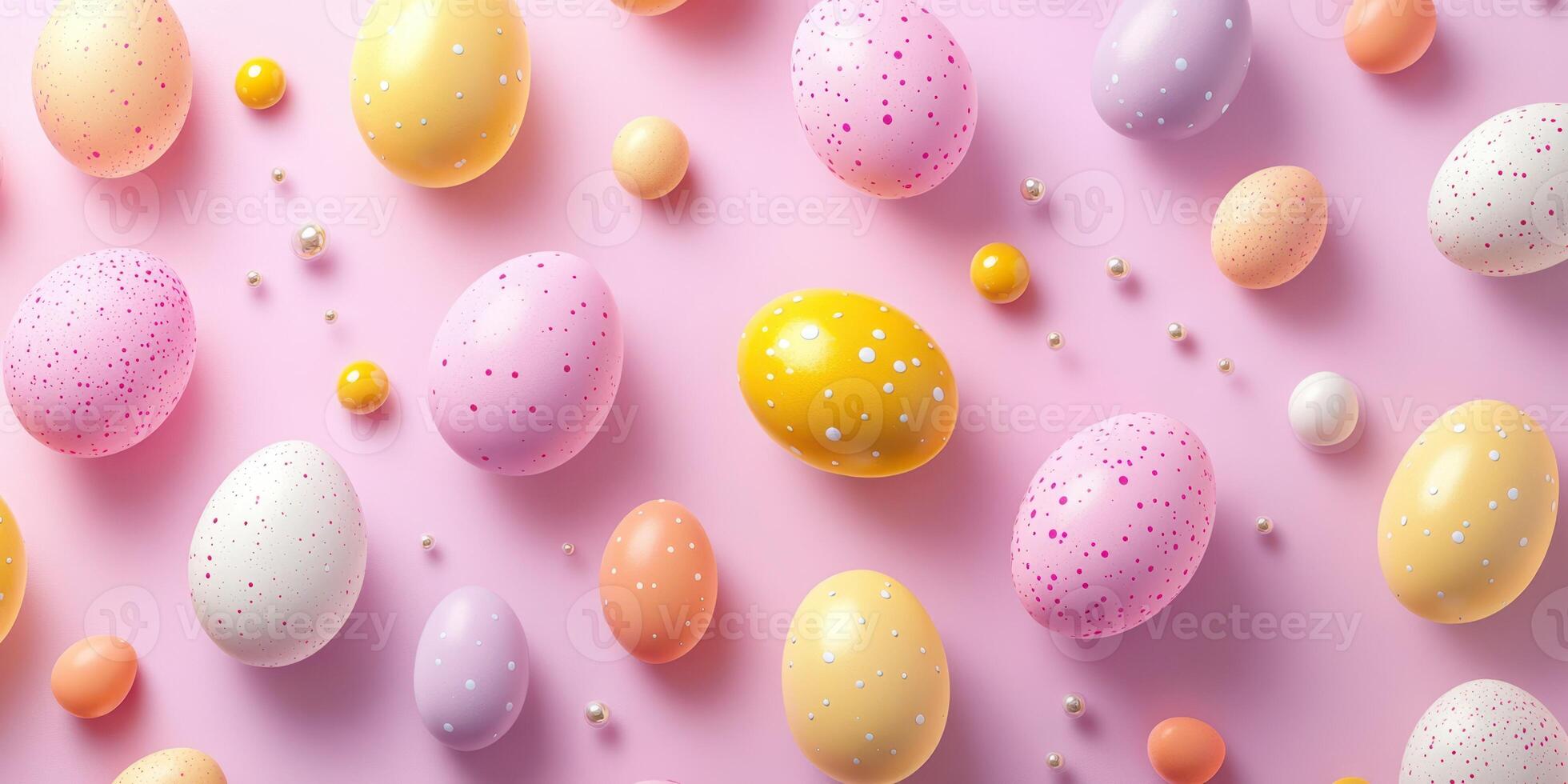 Colorful decorative eggs on a pastel pink backdrop create a festive atmosphere for spring celebrations and Easter festivities photo