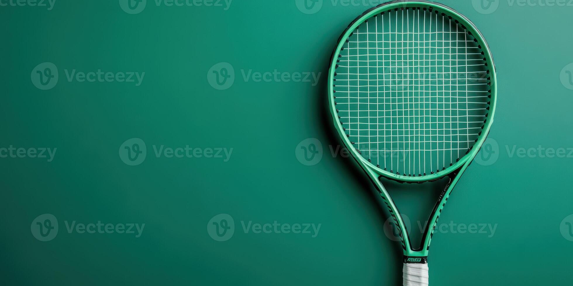 Green tennis racket against smooth teal background for sports enthusiasts and players photo