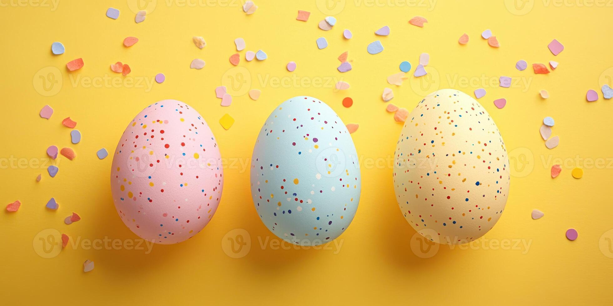 Brightly colored decorated eggs with confetti on a yellow background creating a festive atmosphere for spring celebrations photo
