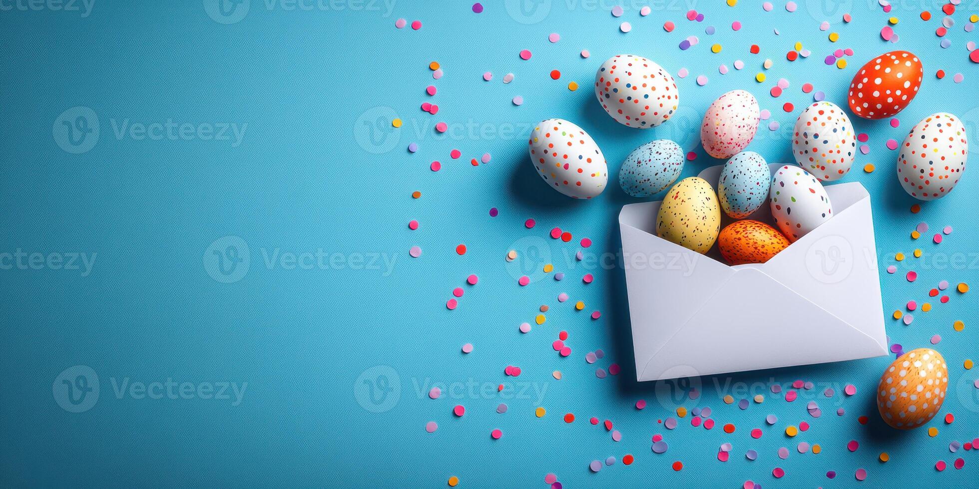Colorful Easter eggs and confetti scattered around an envelope on a bright blue background photo