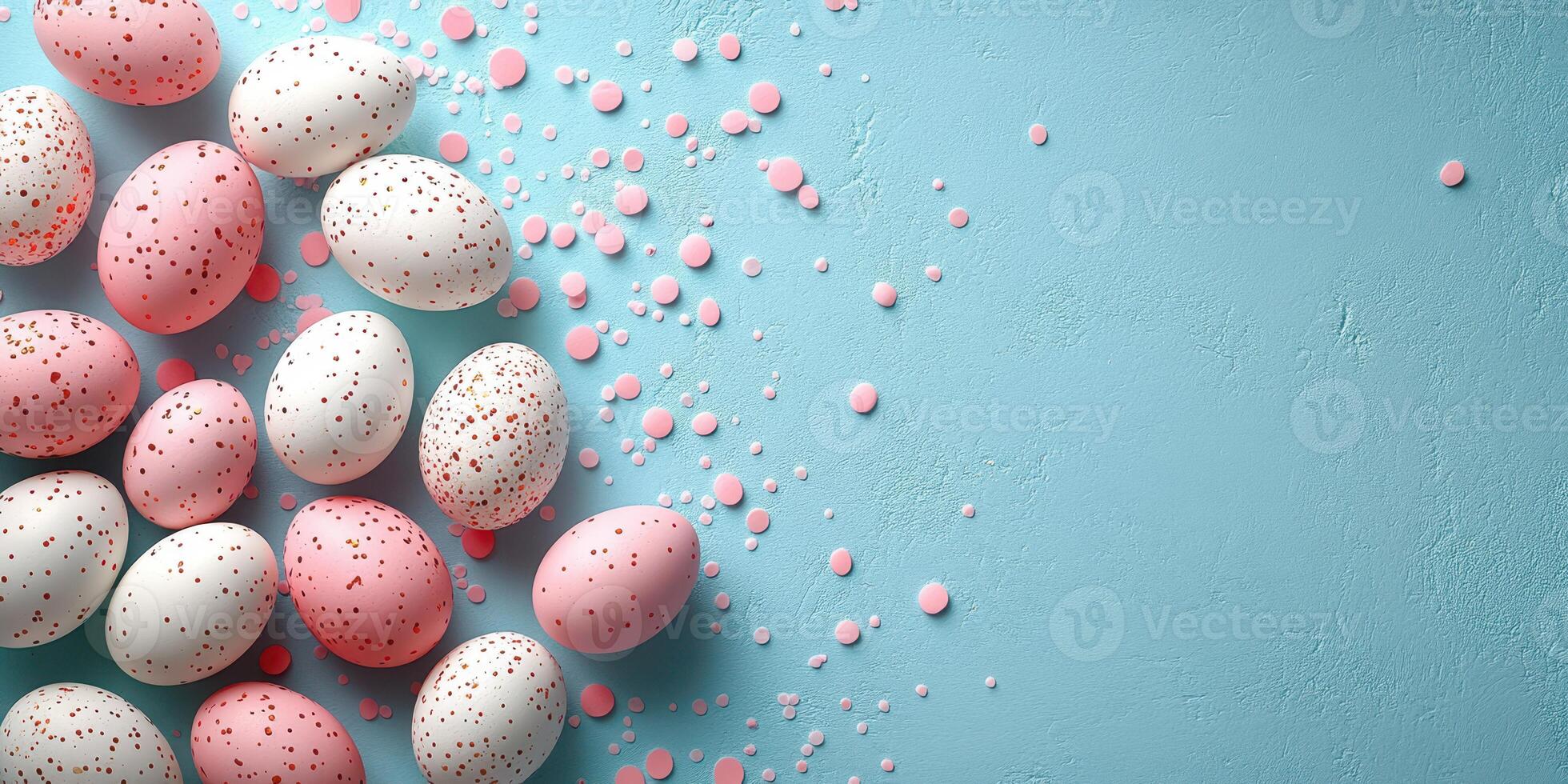 Colorful Easter eggs scattered on a blue background with decorative confetti pieces for spring celebrations photo