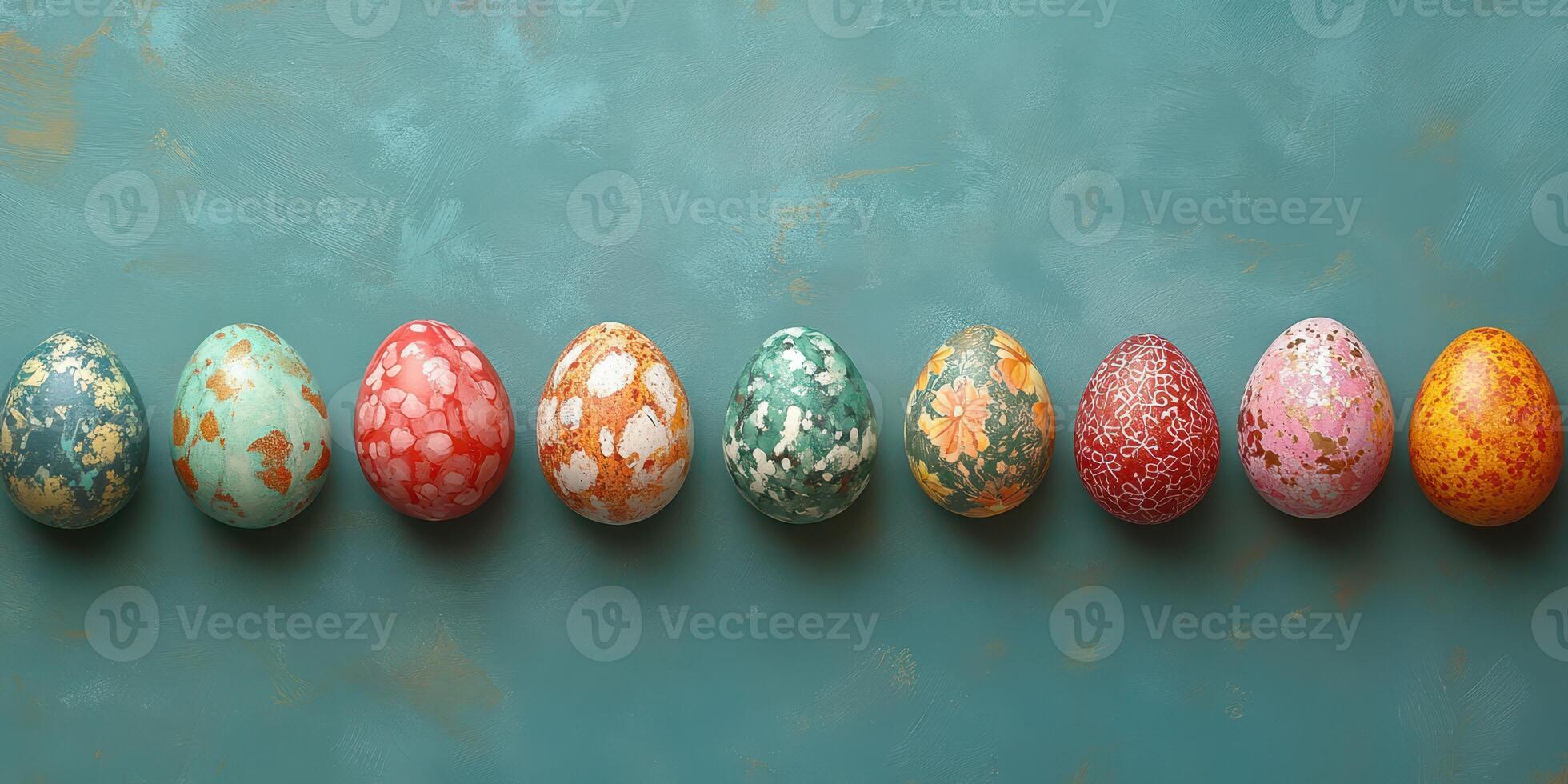 Colorful decorated eggs arranged in a row on a textured blue background photo
