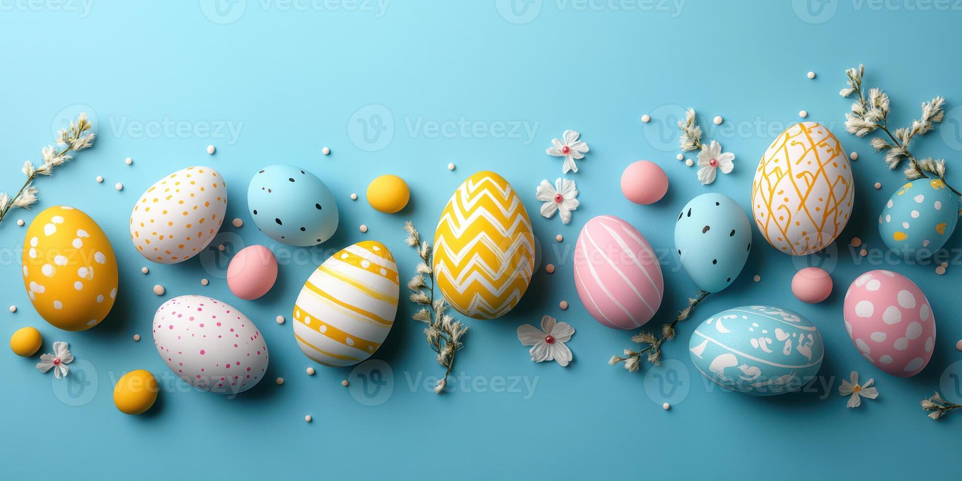 Colorful decorated eggs arranged on a blue background for Easter celebration showcasing vibrant patterns and flowers photo