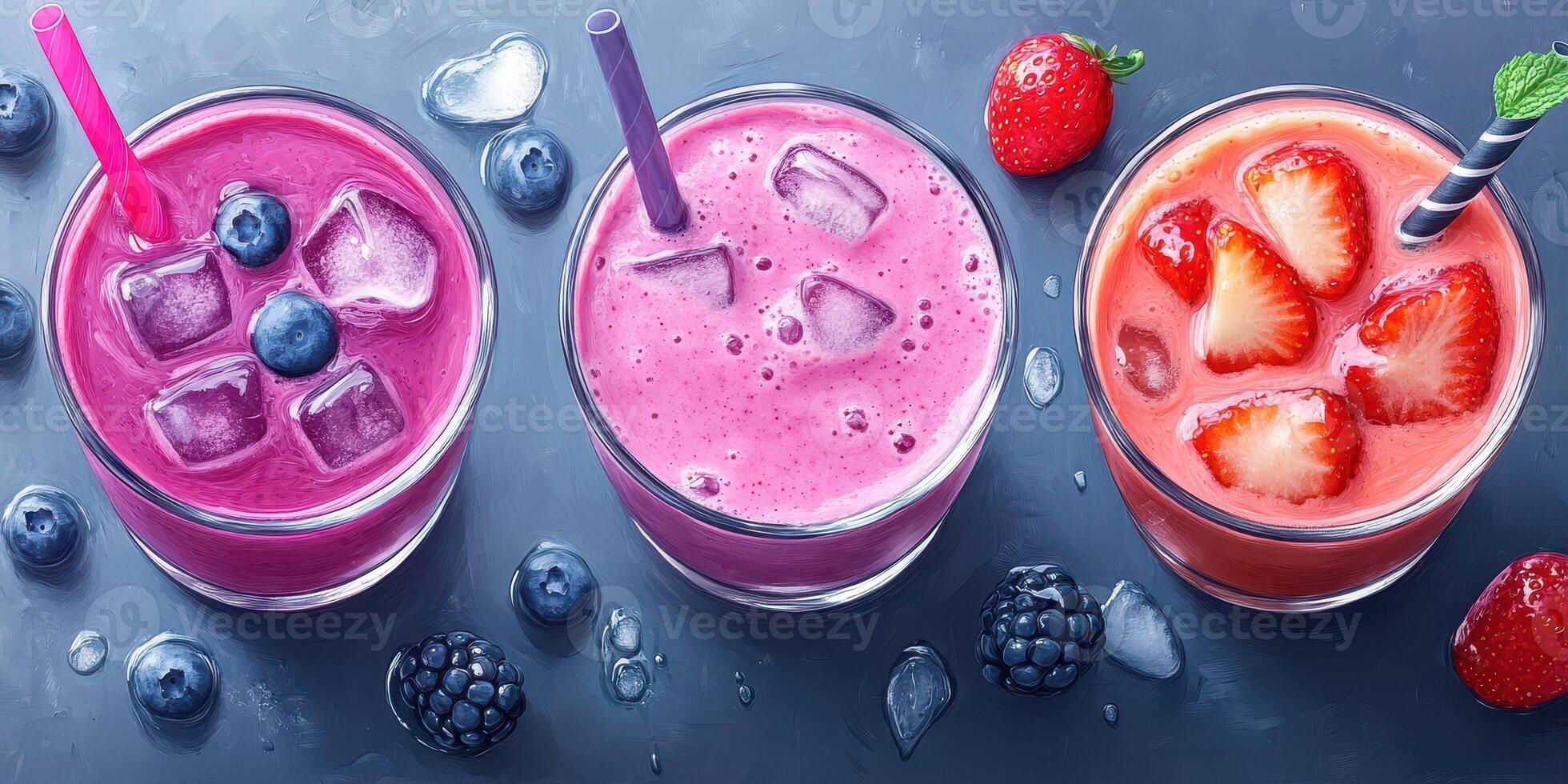 Bright and refreshing fruit smoothies in colorful glasses with straws and berries on a dark table during summer photo