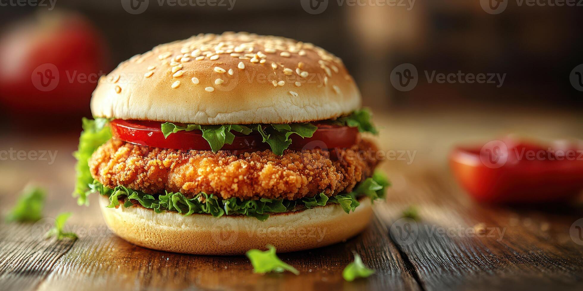 Crispy chicken burger on a wooden table with fresh toppings and sesame seed bun photo