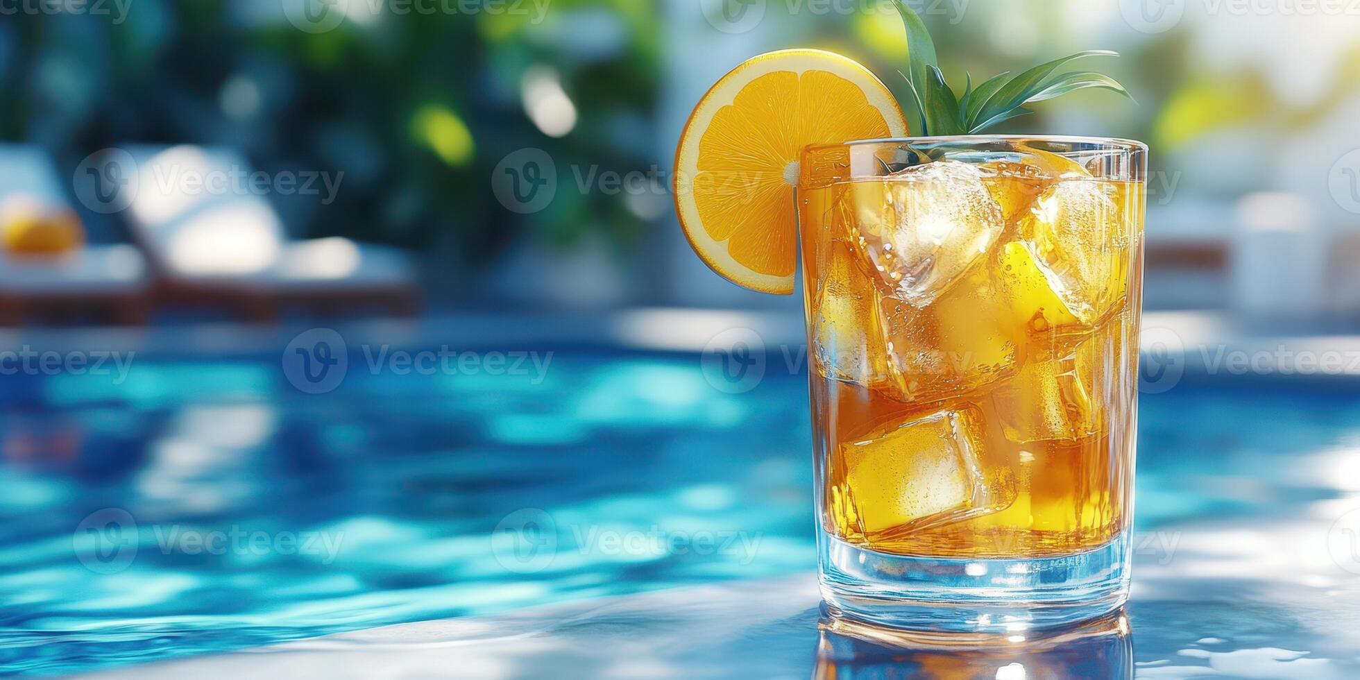 Refreshing cocktail on a sunny day by the pool with vibrant colors and ice cubes melting in a glass of tropical delight photo